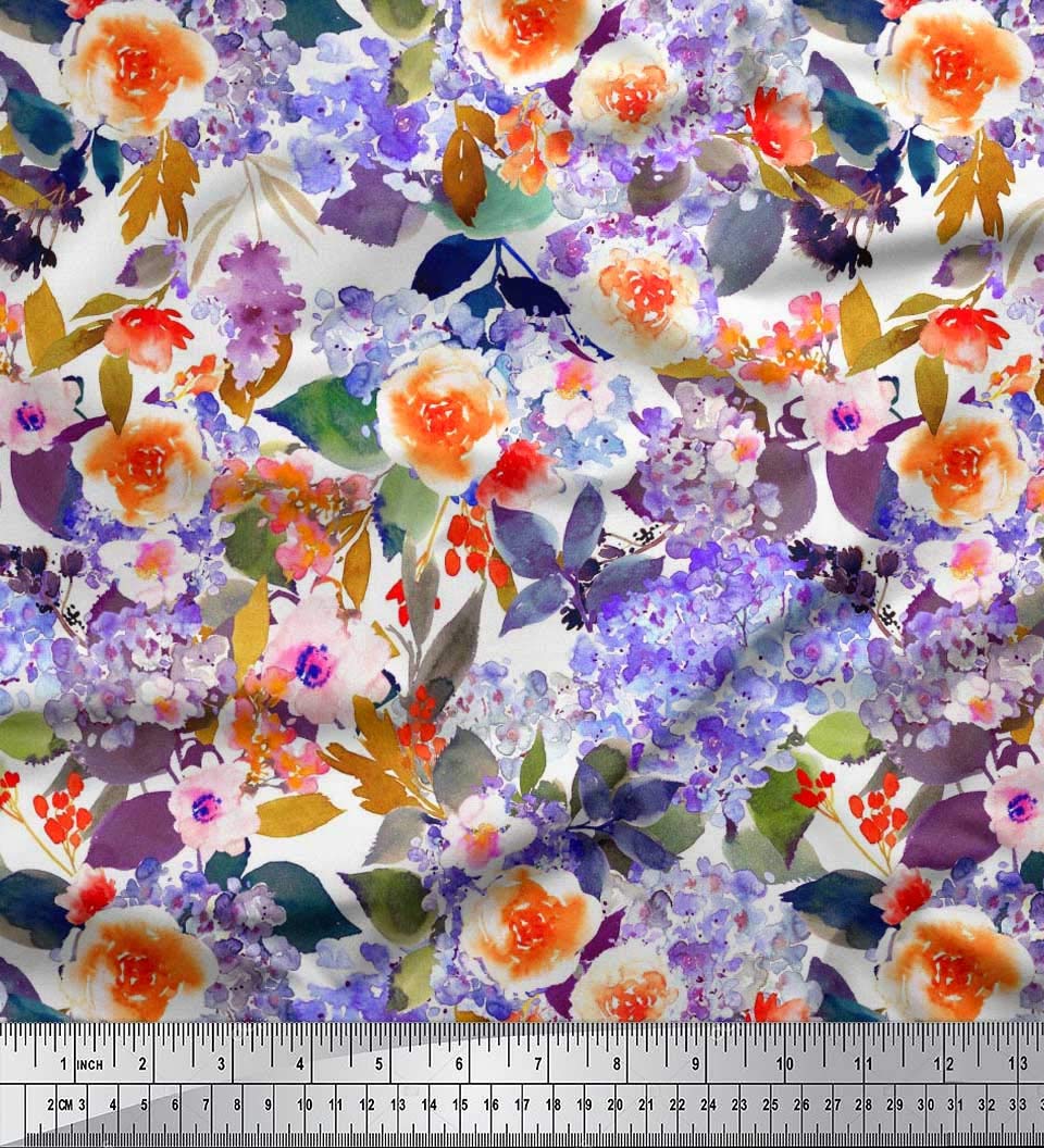 Soimoi 42 Inch Wide Satin Silk Fabric - Watercolor Floral & Leaves Print for Sewing, Dresses, Scarves & Home Decor | Premium Quality Fabric by the Yard
