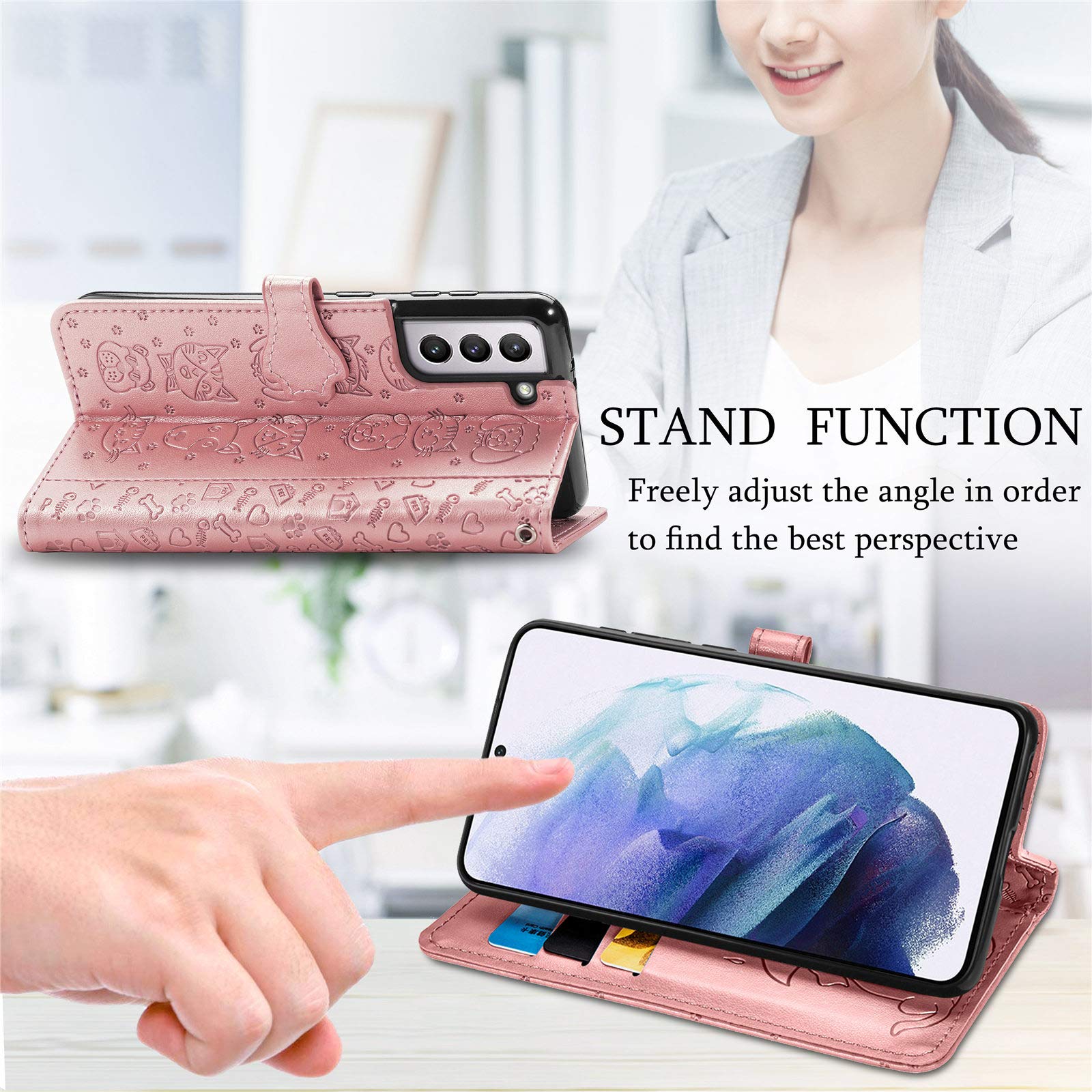 Cute Cartoon Wallet Case for Samsung Galaxy S22 - Cat & Dog Style Flip Cover with ID Card Holder, PU Leather Phone Case (Rose Gold) - Perfect for Daily Use, Travel & Work