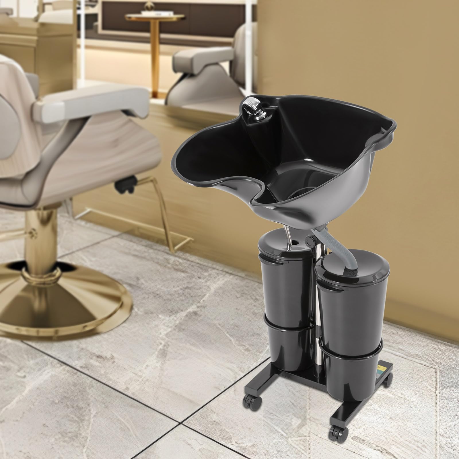 Adjustable Mobile Salon Shampoo Bowl - Professional Hair Washing Basin for Barbers & Stylists with 2 Buckets, Rolling Base & Height Adjustment - Perfect for Salon Backwash, Home Hair Care & Mobile Beauty Services (Black)