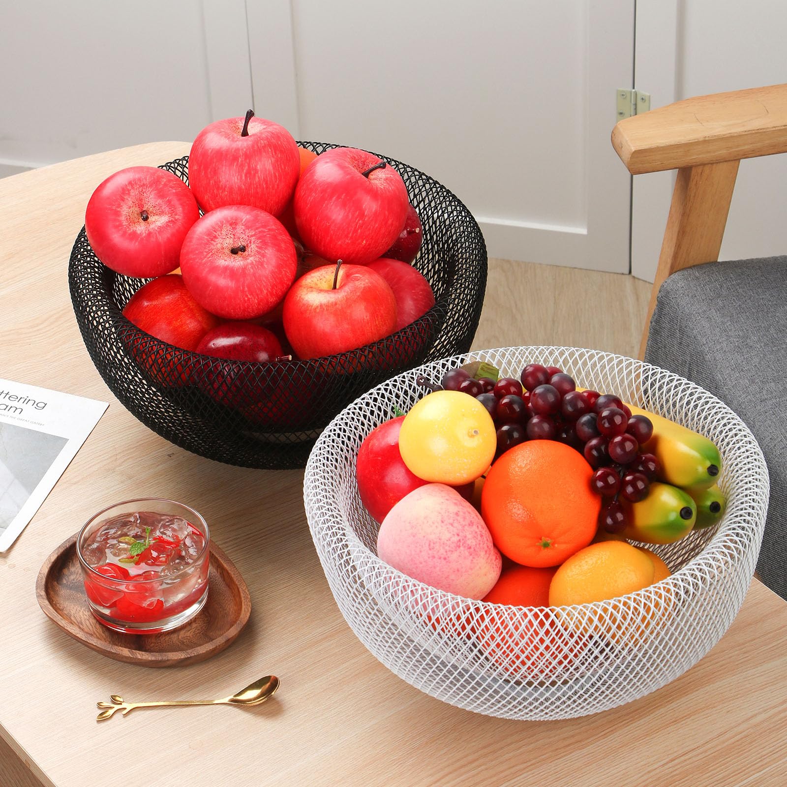 Premium White Metal Mesh Double-Layer Fruit Basket - Large Round Storage Basket for Bread, Vegetables & Snacks - Modern Kitchen Counter Decor for Dining Room & Pantry Organization