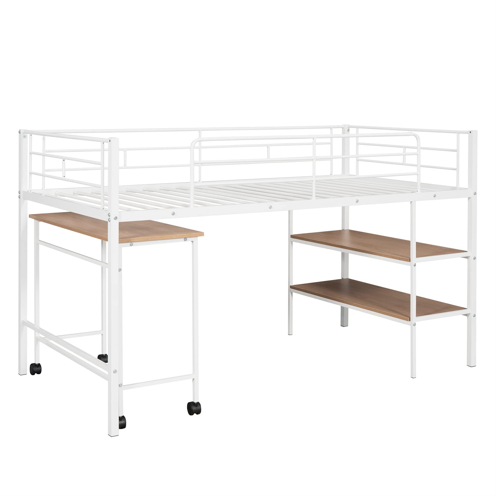 Harper & Bright Designs Low Loft Bed with Bookcase & Rolling Desk - Twin Size Metal Frame for Kids & Teens - Perfect for Small Bedrooms, Dorm Rooms & Study Spaces (White)