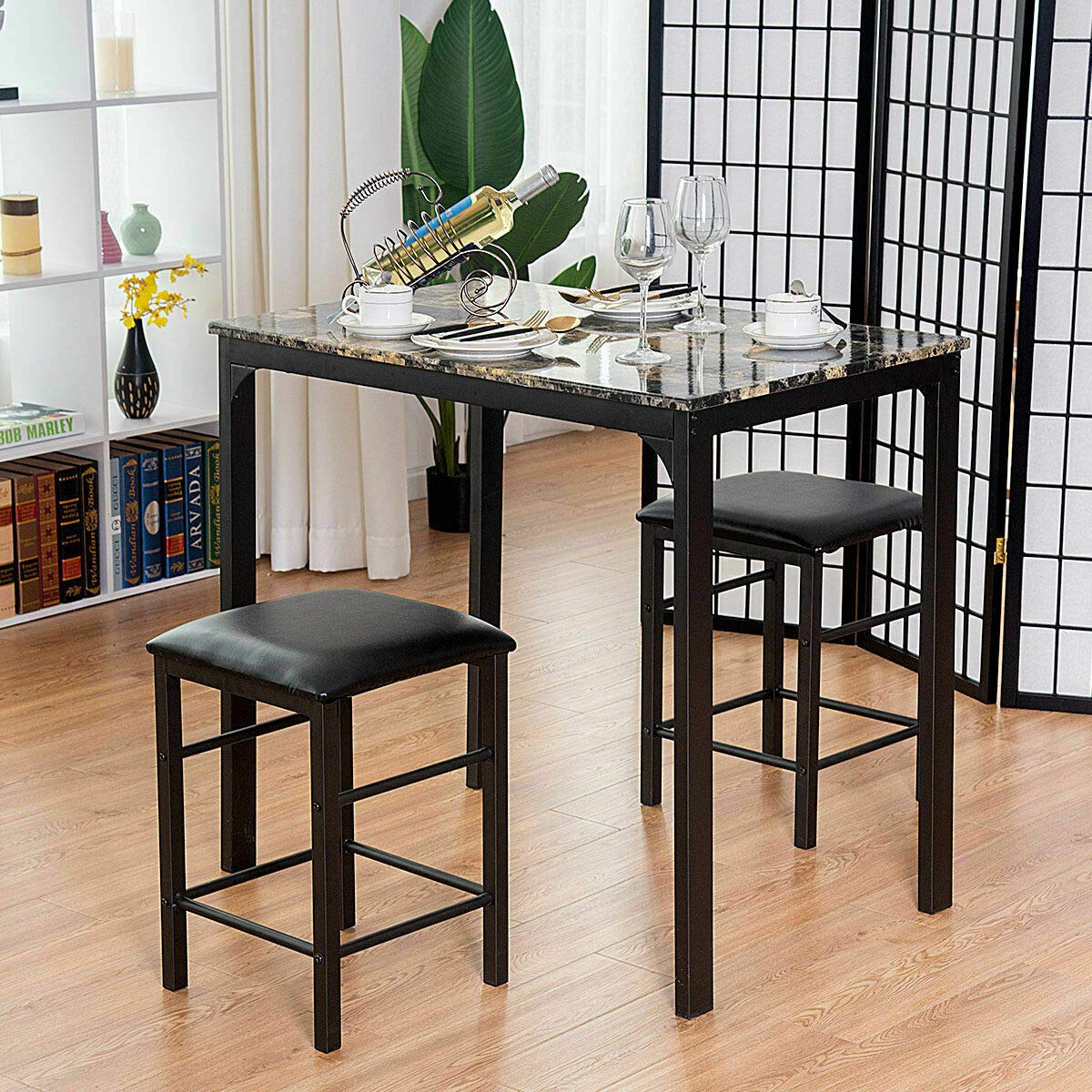 Black Faux Marble Counter Height Dining Set - 2 Chairs & Table for Kitchen, Bar, Breakfast Nook - Modern 3-Piece Kitchen Furniture Set for Small Spaces & Apartments