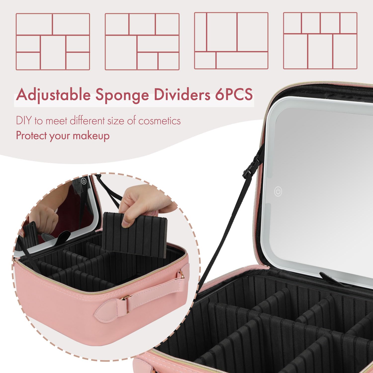 Travel Makeup Bag with LED Mirror - Double Layer Cosmetic Organizer with Detachable Vanity Mirror, Tri-Light Dimmable Settings, Adjustable Dividers & Brush Holder - Perfect for Home, Travel & Professional Makeup Artists