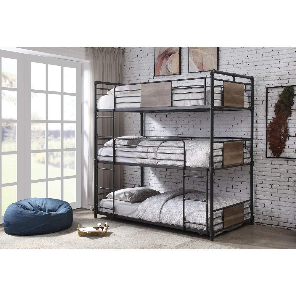 Brantley Triple Twin Bunk Bed in Sandy Black & Dark Bronze - Hand-Brushed Wooden Bunk Beds for Kids & Adults, Space-Saving Loft Bed for Small Rooms, Dormitories and Guest Rooms
