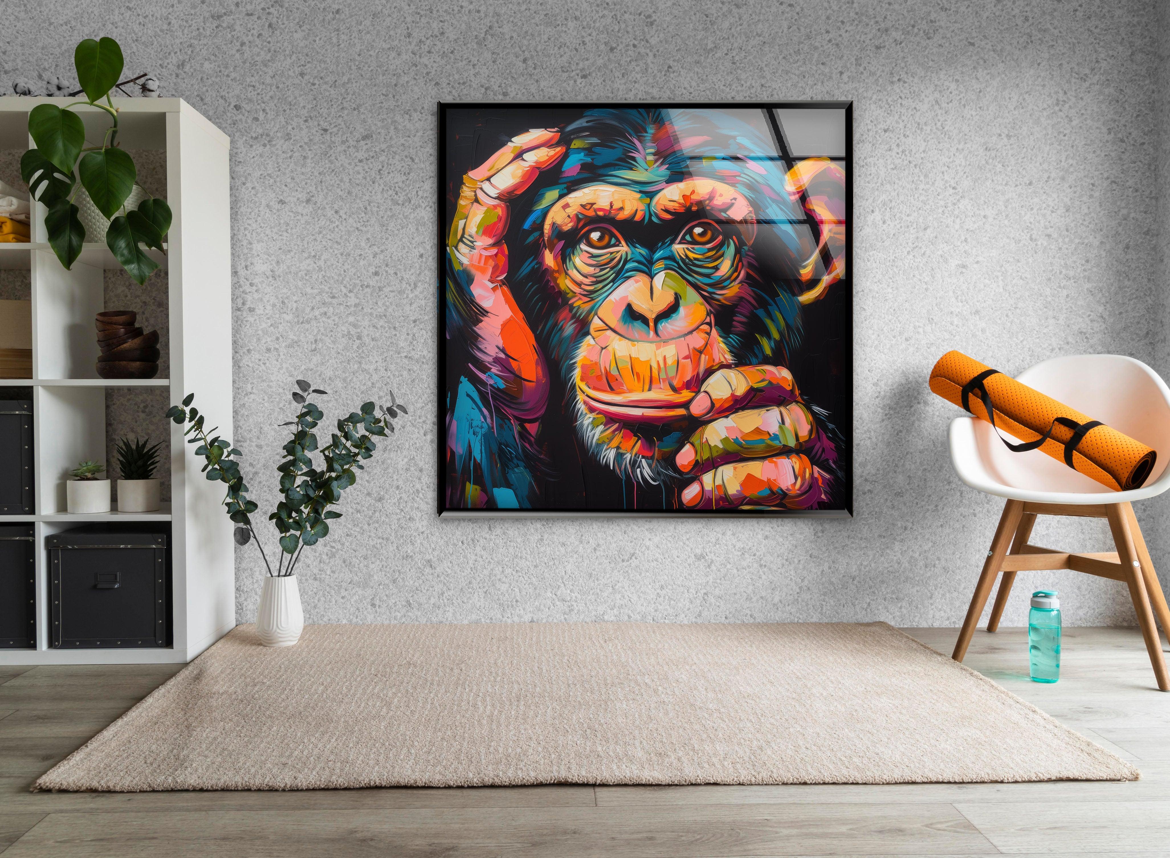 Vibrant Chimpanzee Glass Wall Art - Handmade Modern Home Decor for Living Room, Bedroom & Office - Unique Animal Themed Wall Hangings for Jungle & Safari Decor