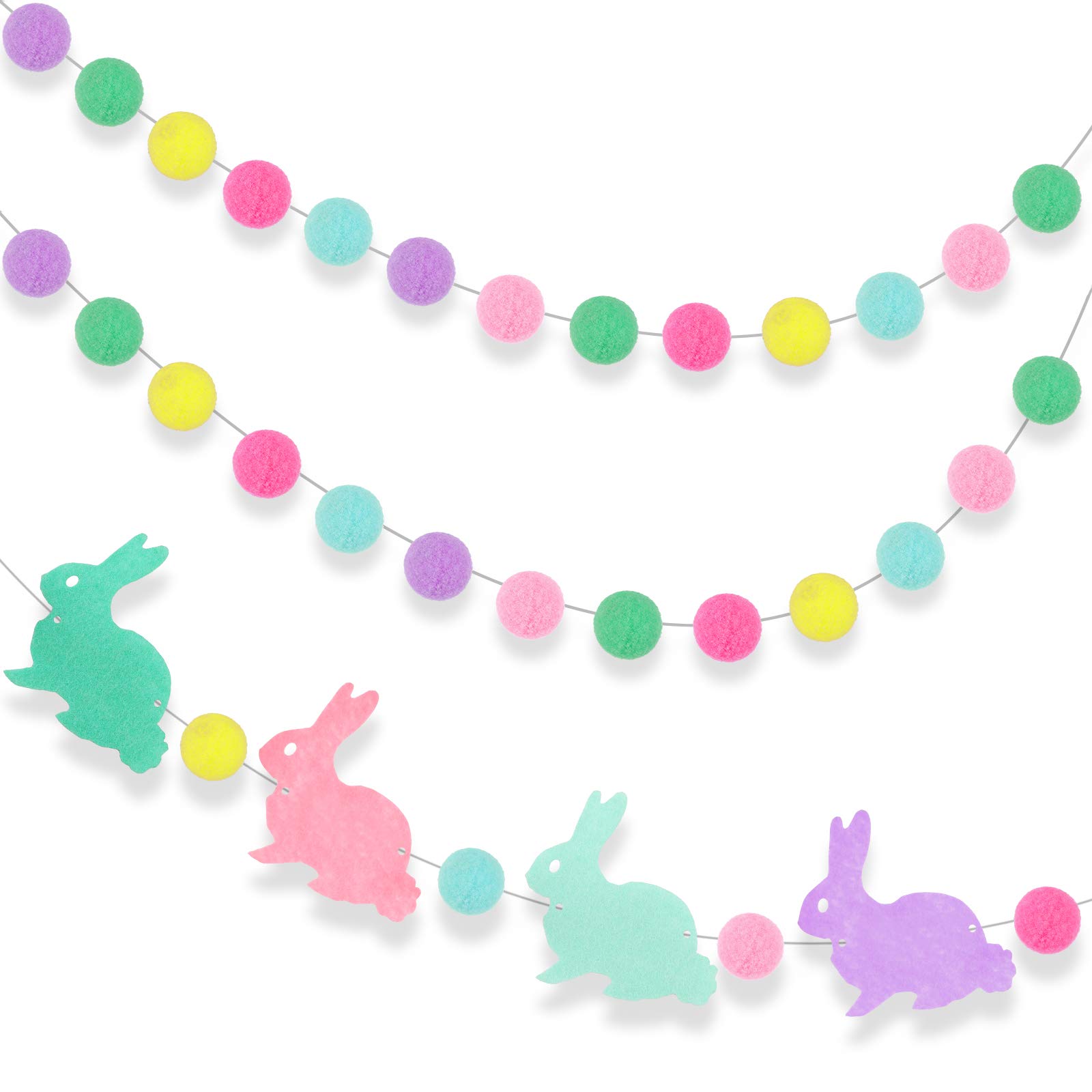3-Piece Easter Pom Pom Garland Set - Colorful Felt Ball & Bunny Garland Decor for Easter, Birthday Parties, Baby Showers - Perfect for Home, Classroom & Holiday Decorations