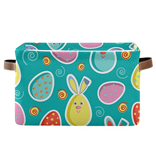 Easter Large Storage Basket with Handle - Foldable Waterproof Laundry Bin for Toys, Clothes & Home Organization | Perfect for Closet, Living Room & Office Decor | Cute Easter Bunny & Eggs Design