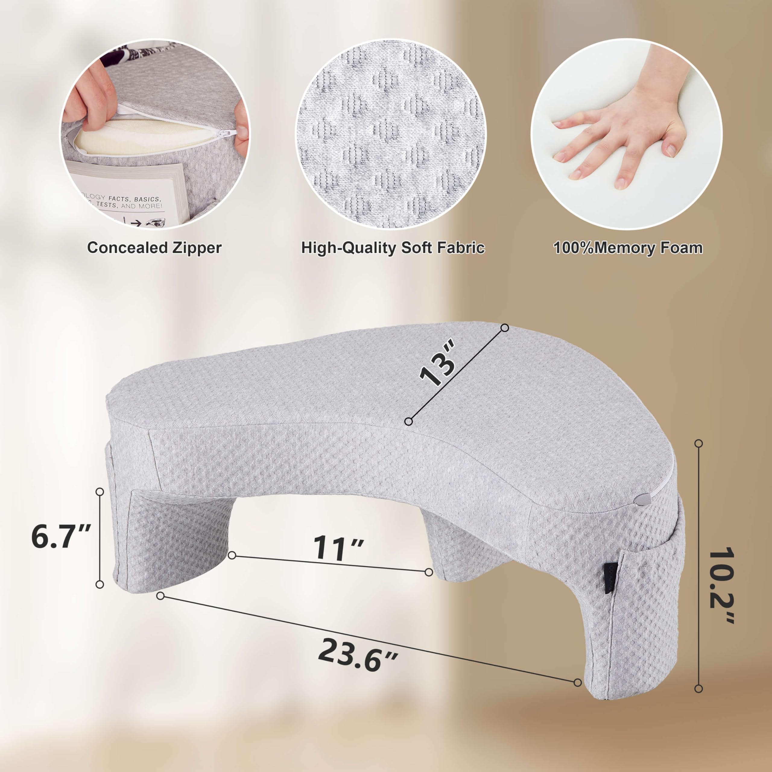 Memory Foam Reading Pillow for Lap & Bed Desk - Adjustable Laptop Lap Desk, Gaming Pillow, Bed Pillow for Sitting Up (Gray) - Ideal for Reading, Working, Gaming in Bed, Sofa, or Floor