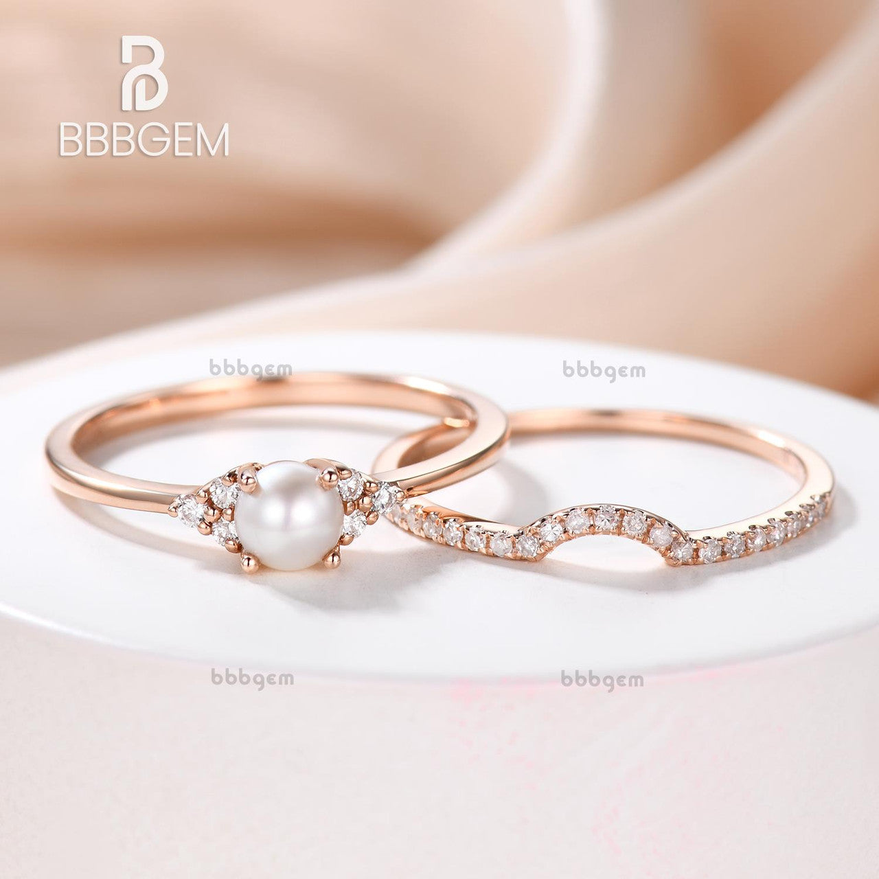 Rose Gold Pearl & Diamond Engagement Ring Set - Vintage Art Deco Bridal Stacking Rings for Women, Anniversary & Birthstone Gift (2-Piece Set) | Perfect for Weddings, Proposals & Special Occasions