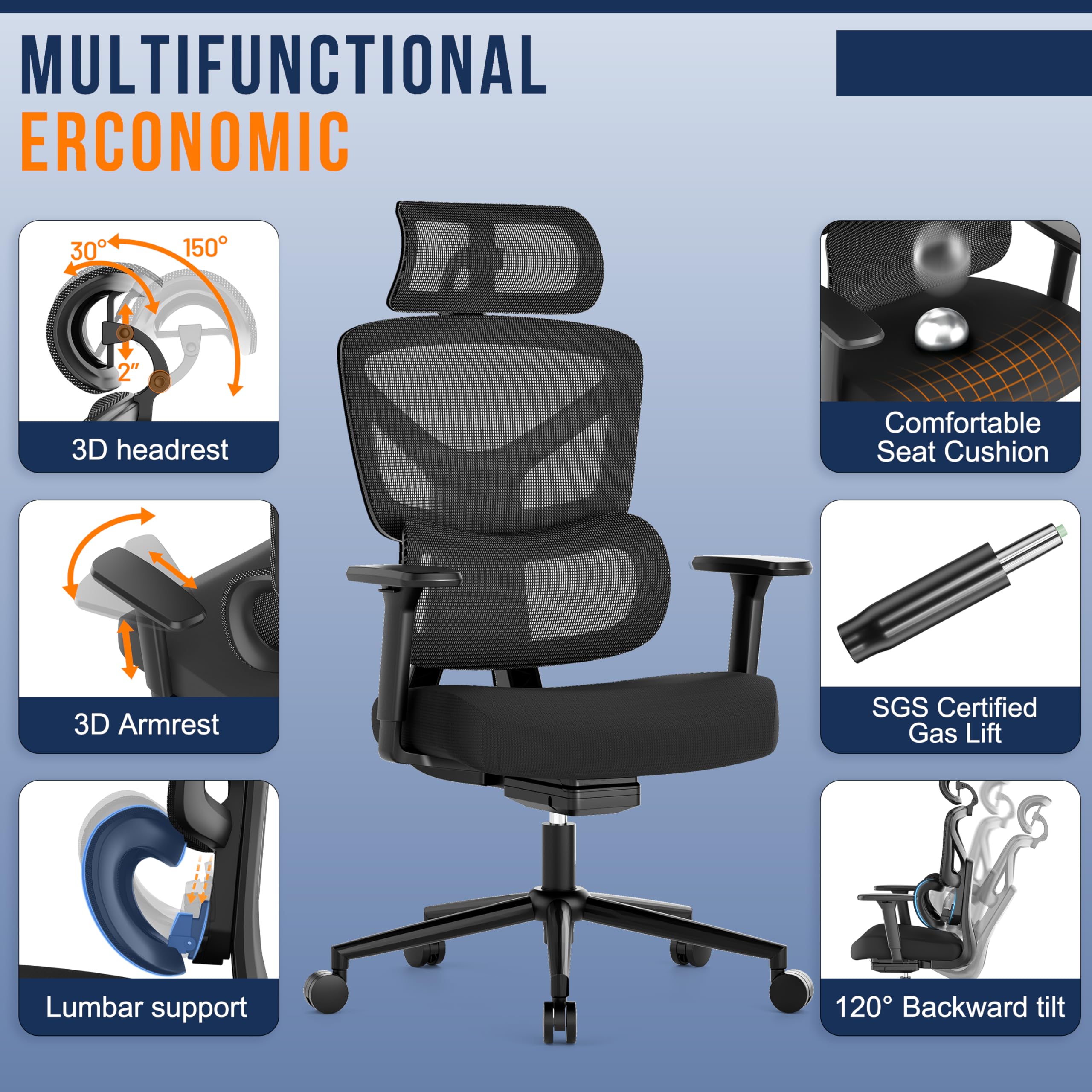 Big and Tall Office Chair with Dynamic Lumbar Support - High Back Ergonomic Desk Chair with Headrest & 3D Armrests - Adjustable Gaming Computer Chair for Extended Height People (Black) - Perfect for Home Office, Gaming Setup, and Long Work Sessions