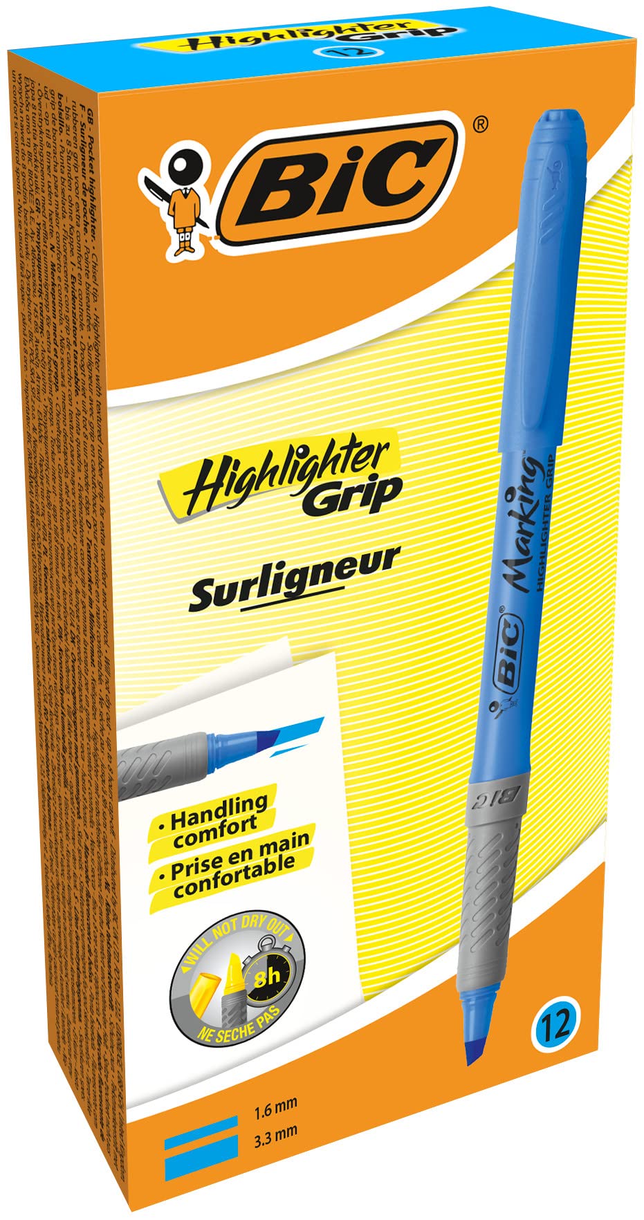 BIC Grip Highlighters - Pack of 12, Blue (811931) | Bright, Smear-Resistant Markers for Office, School & Study Notes