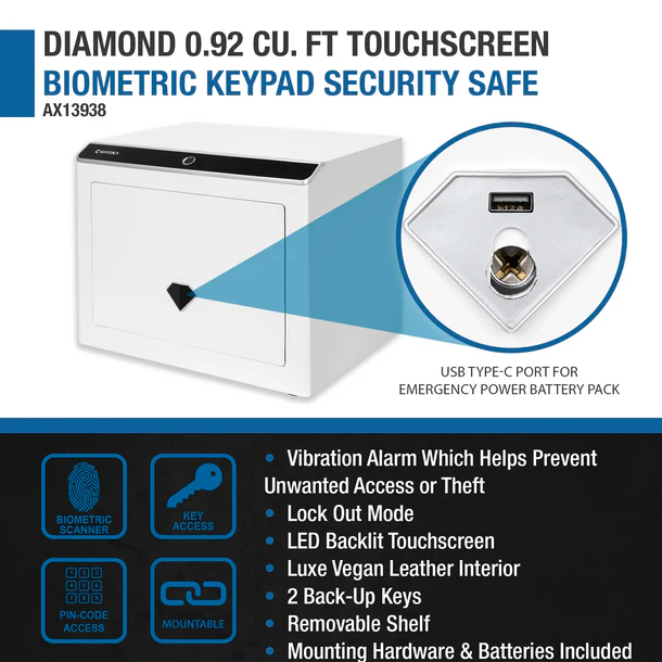 Barska AX13938 Diamond Touchscreen Biometric Keypad Security Safe - Digital Fingerprint & Keypad Lock Home Safe for Jewelry, Cash, Documents - Perfect for Bedroom, Office, and Hotel Use