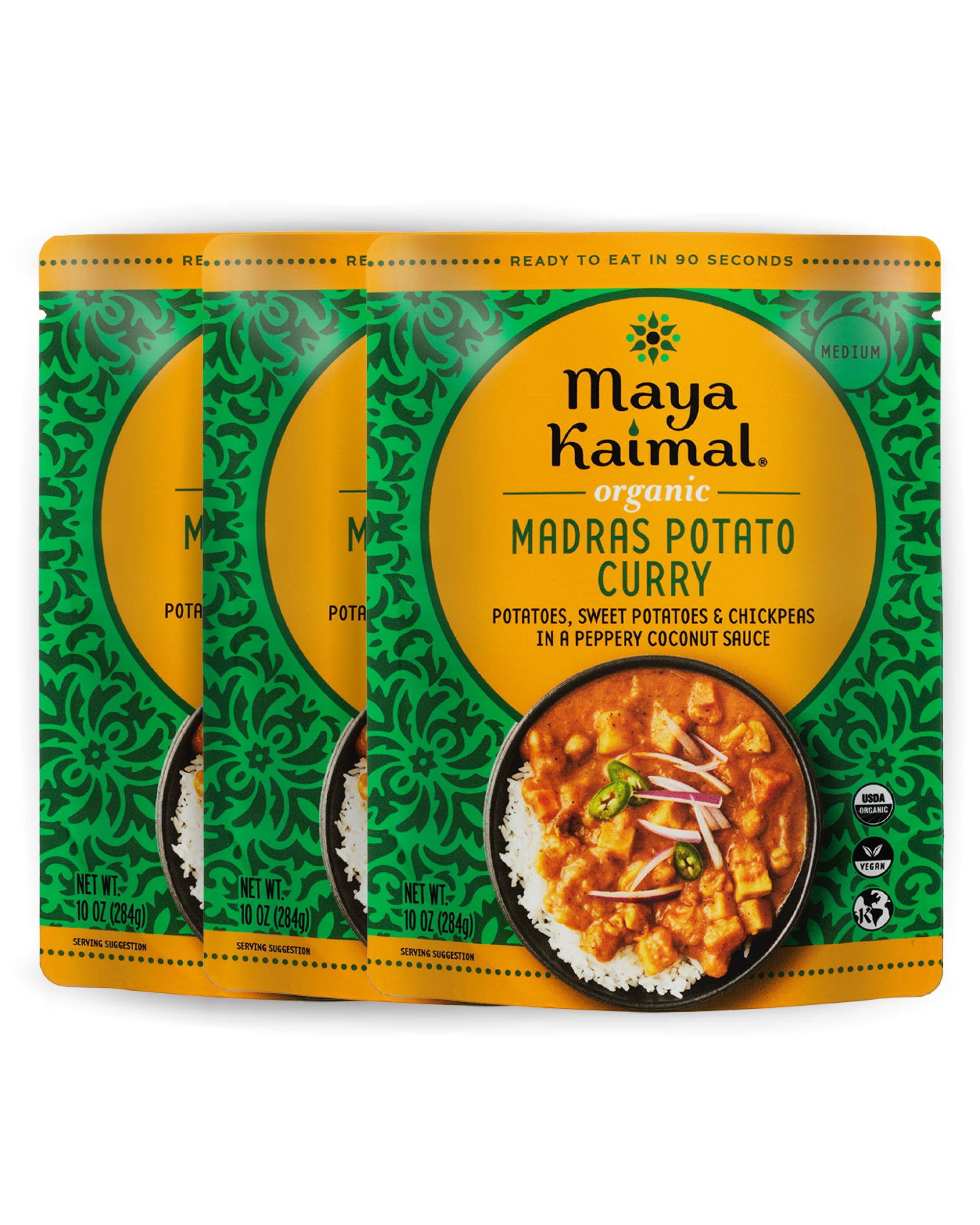 MAYA KAIMAL Organic Indian Madras Potato Curry | 10oz (Pack of 3) | Ready to Eat Microwaveable Vegan Meal with Potatoes, Sweet Potatoes & Chickpeas in Spicy Coconut Sauce | Kosher Certified | Perfect for Quick Lunches, Office Meals & Healthy Vegan Dinners