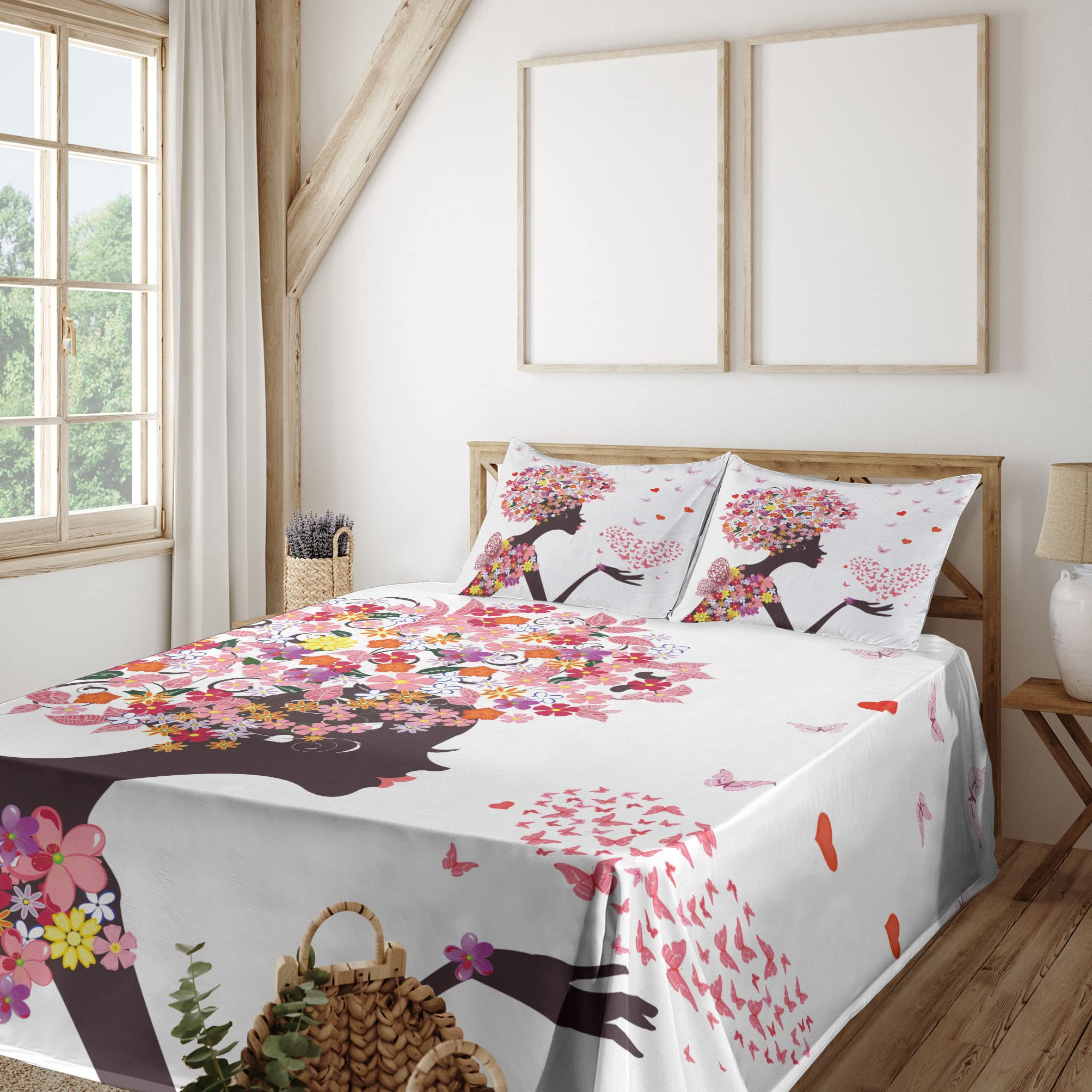 Ambesonne 4-Piece King Size Butterfly Print Sheet Set - Floral Fantasy Animal Design with Fitted Sheet, Flat Sheet & Pillowcases - Soft Bedding for Girls Room, Summer Decor & Boho Chic Bedroom Aesthetic