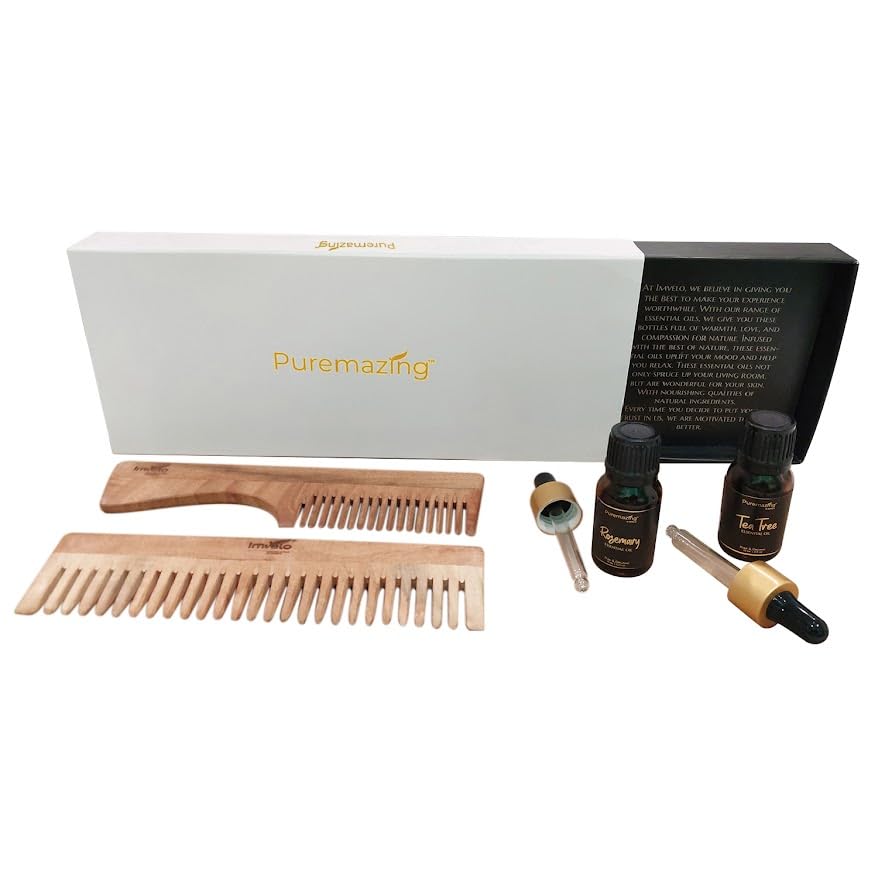 Puremazing Haircare Gift Set - 15ml Rosemary & Tea Tree Essential Oil with 2 Wooden Combs | 100% Natural Neem Comb & Essential Oils for Hair Growth & Scalp Care | Perfect Diwali Gift Set for Women, Aromatherapy & Hair Treatment at Home
