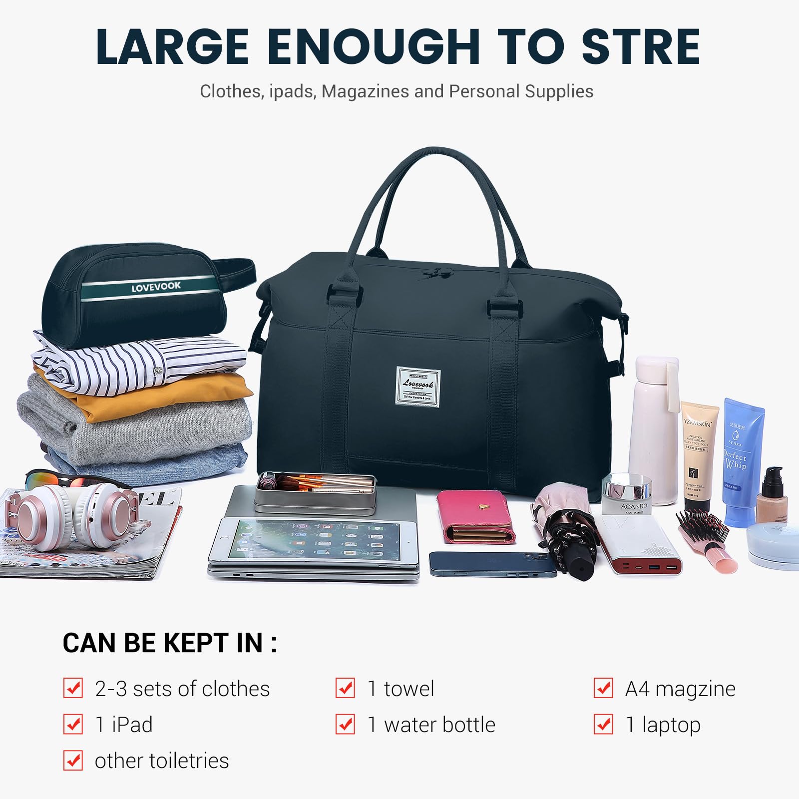 LOVEVOOK Women's Weekender Bag - Stylish Travel Tote, Gym Duffel & Overnight Carry On with Toiletry Pouch - Perfect for Weekend Getaways, Workouts & Hospital Visits