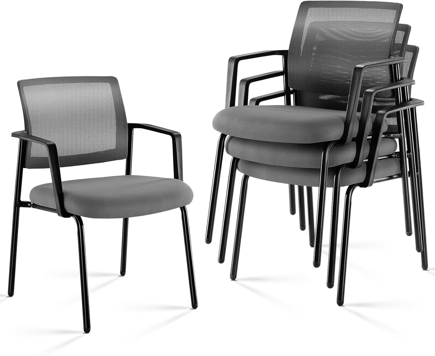 Mesh Back Stacking Arm Chairs - 4 Pack Grey Upholstered Fabric Office Guest Chairs with Ergonomic Lumbar Support & Sturdy Metal Frame | Perfect for Conference Rooms, Reception Areas, and Waiting Lounges