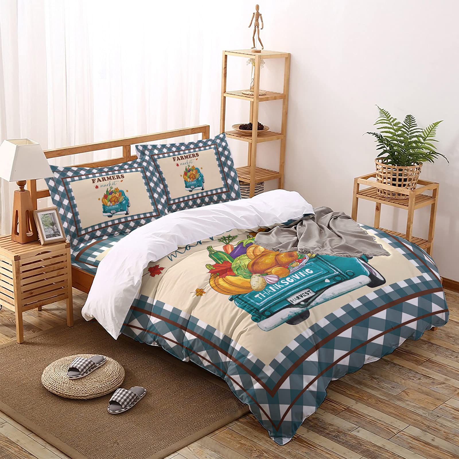 Thanksgiving Harvest Truck Vegetable 4-Piece Duvet Cover Set - Lightweight Microfiber Soft Bedding for Adults & Teens - Farmhouse Blue Ombre - Perfect for Seasonal Decor & Cozy Farmhouse Bedrooms