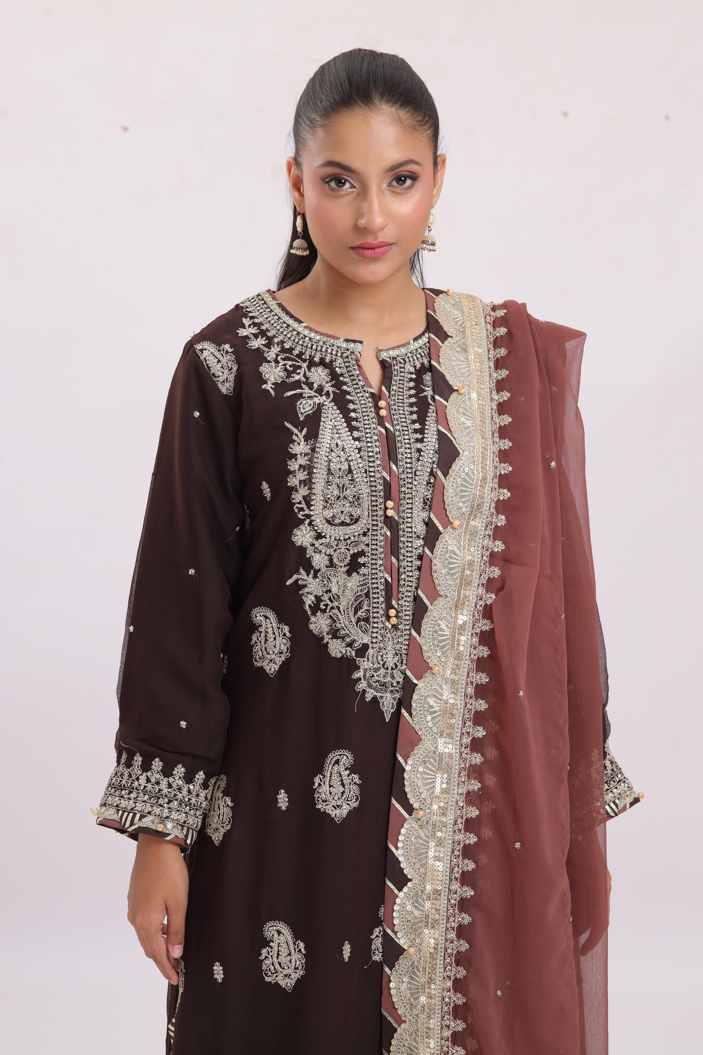Elegant Chiffon Brown Stitched Suit by Asim Jofa - Perfect for Weddings, Parties & Formal Events