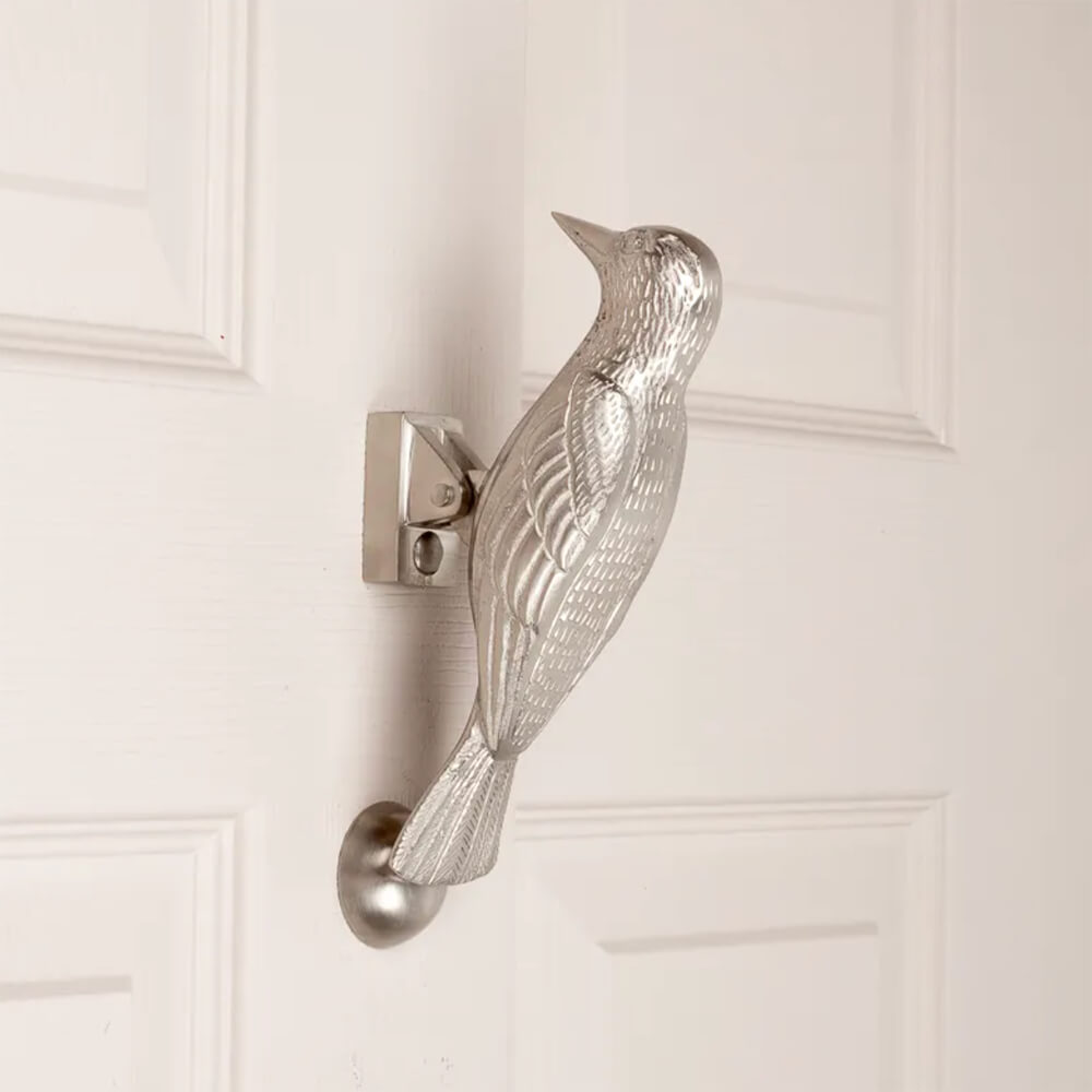 Elegant Satin Silver Woodpecker Door Knocker - Vintage Style Brass Door Knocker for Home Decor - Perfect for Farmhouse, Cottage & Front Door Entrance