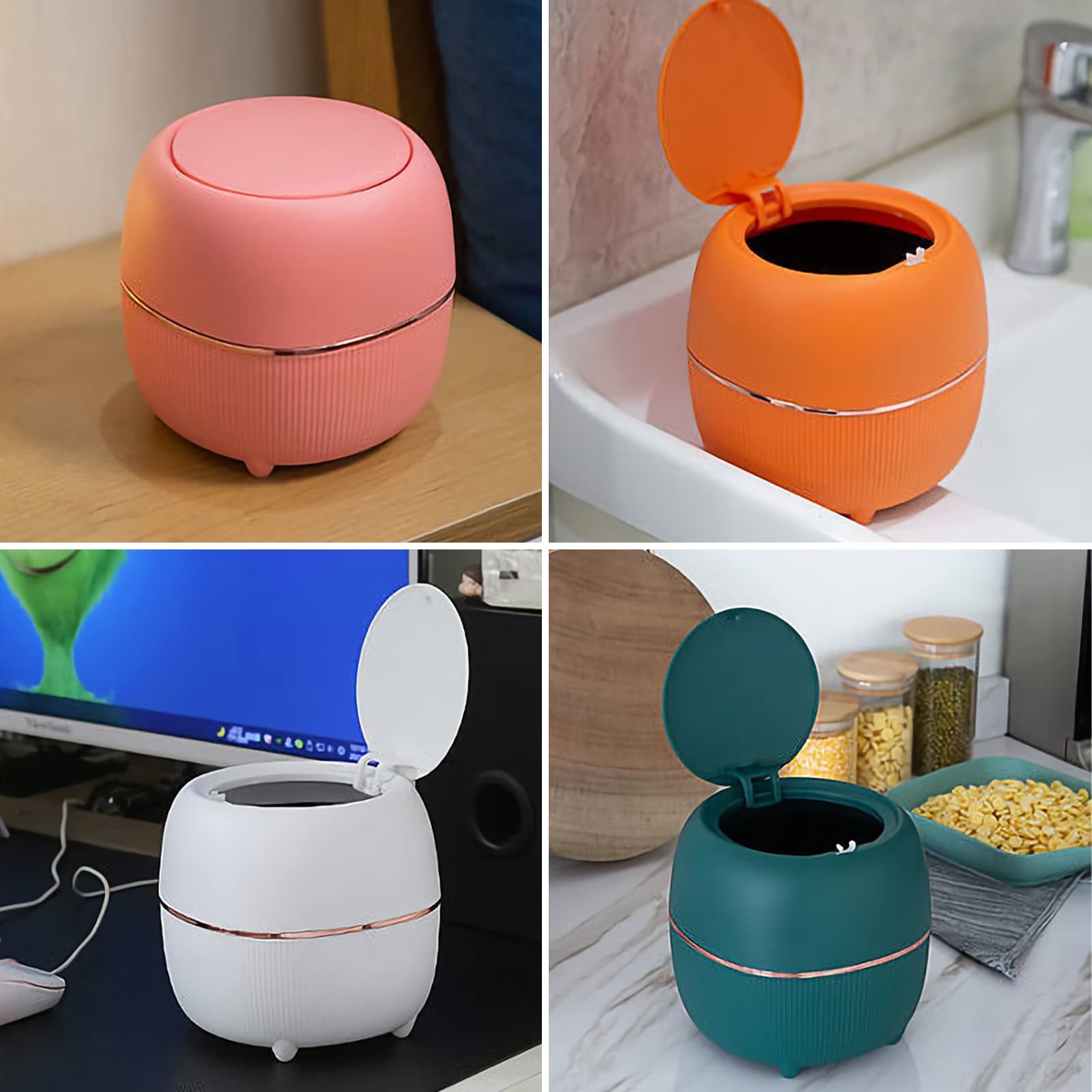 Modern Mini Trash Can with Lid - Small Press-Type Waste Basket for Office Desk, Kitchen Countertop, Coffee Table & Bathroom - Eco-Friendly Plastic Garbage Bin for Home & Office Use - Green