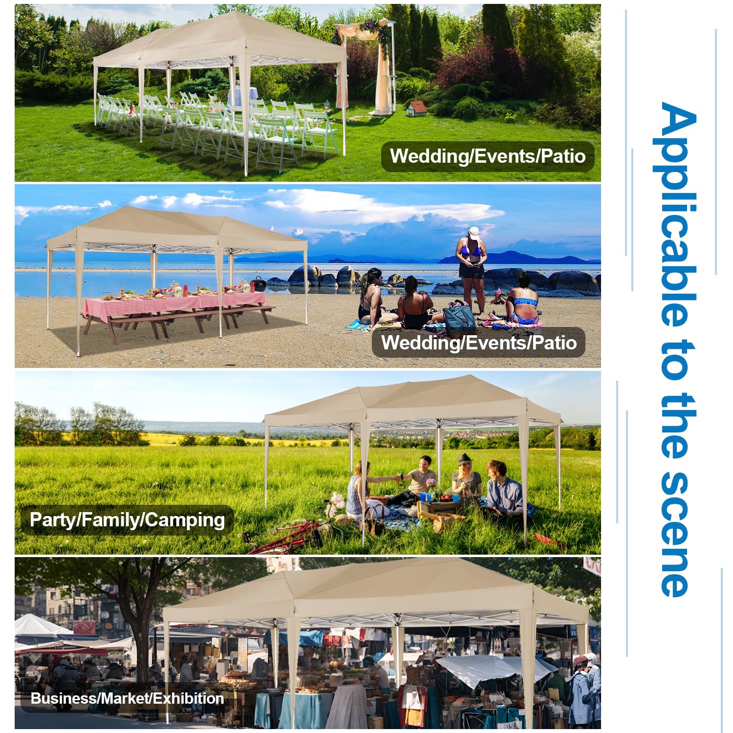 COBIZI 10x20 Pop Up Canopy Tent with 6 Sidewalls - Waterproof Instant Shelter, UPF 50+ Sun Protection, Portable Gazebo for Outdoor Events, Beach Camping, Weddings & Commercial Use - Easy Setup Khaki Canopy