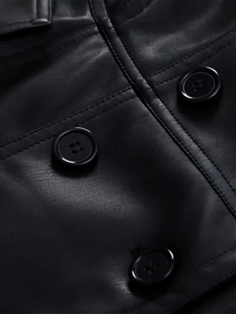Women's Autumn Fitted Coffee-Colored PU Leather Blazer Jacket with Skirt - Long Sleeve Double Breasted European Style Fashion Coat for Office, Dating & Fall Outfits
