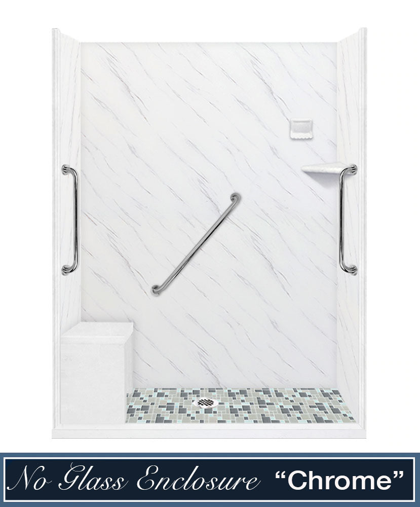 Freedom Carrara Marble Newport Mosaic Alcove Shower Enclosure Kit - Premium Bathroom Upgrade for Modern Homes, Spa-Like Shower Experience