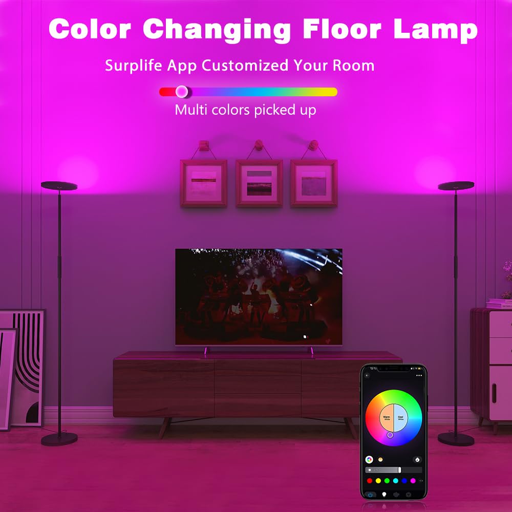 Smart LED Floor Lamp - 2000LM Brightness, 16 Million RGB Colors, Dimmable & Adjustable Angle, Remote & Touch Control - Perfect for Living Room, Bedroom, Office Lighting