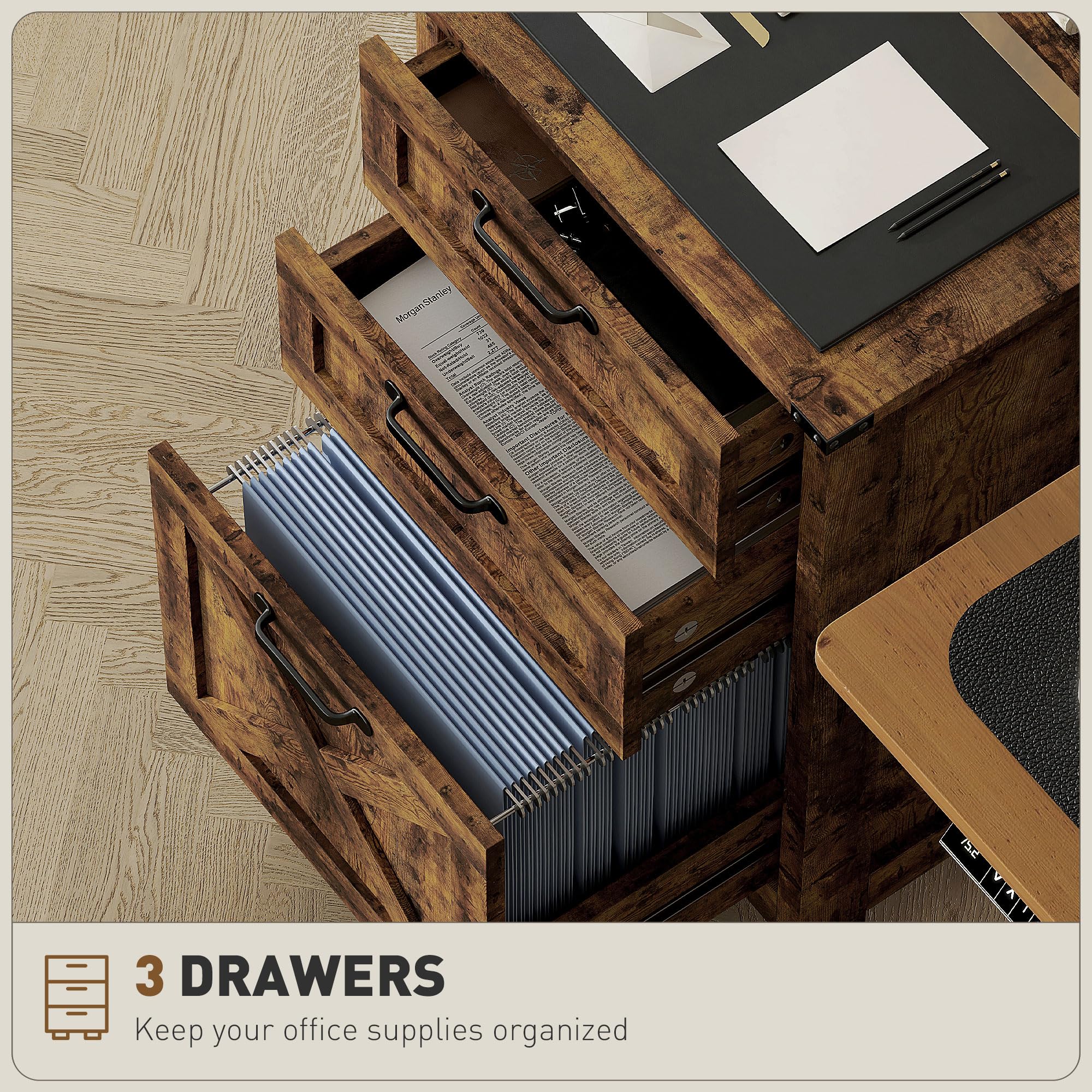 HOMCOM 3-Drawer Vertical File Cabinet with Silent Slides - Rustic Brown Farmhouse Office Storage for A4/Letter Documents, Printer Stand - Perfect for Home Office Organization & Workspace Storage Solutions