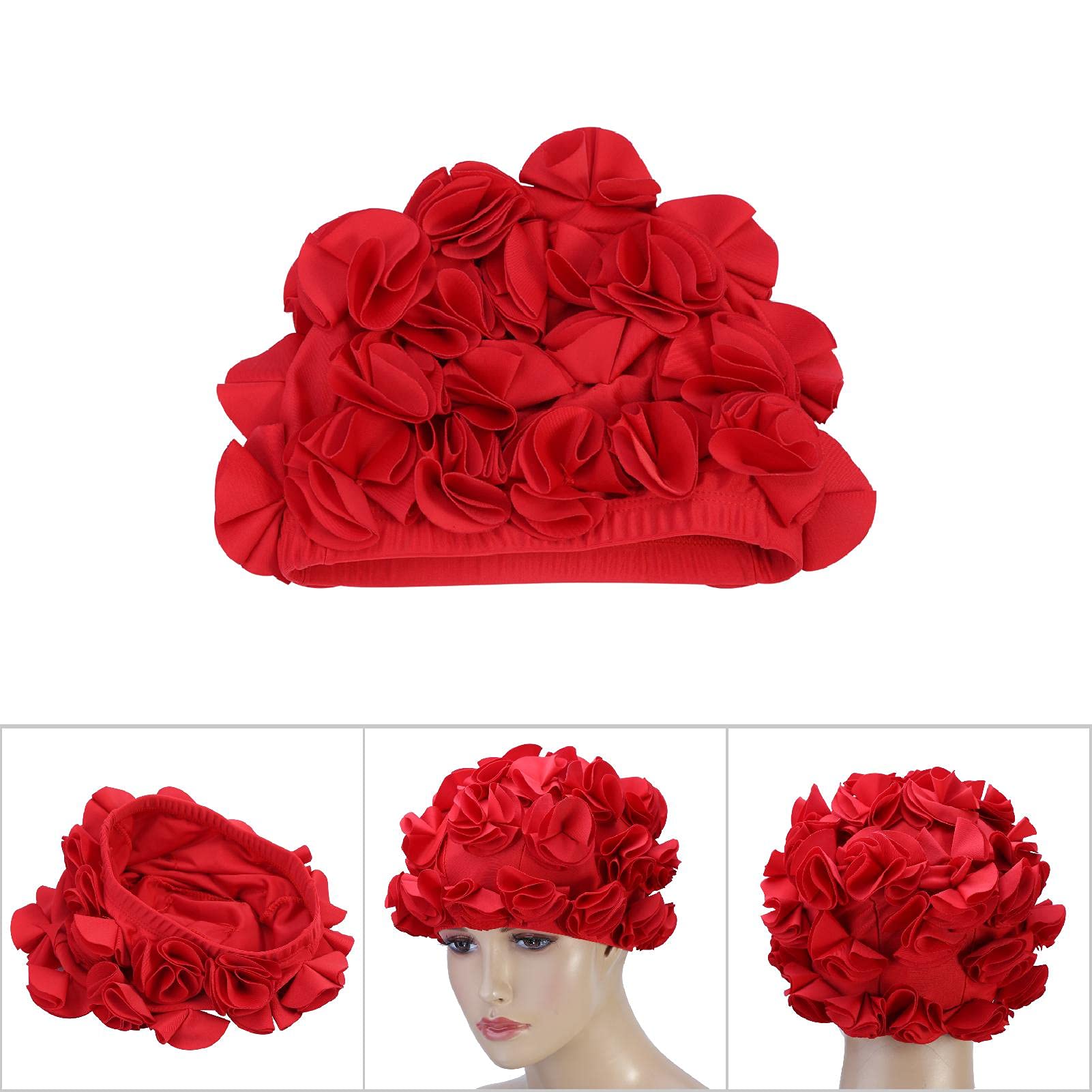 Alomejor Retro Floral Swim Hat for Women & Kids - Elastic Long Hair Bathing Cap - Waterproof & Comfortable for Swimming, Beach, Pool & Water Sports (Red)