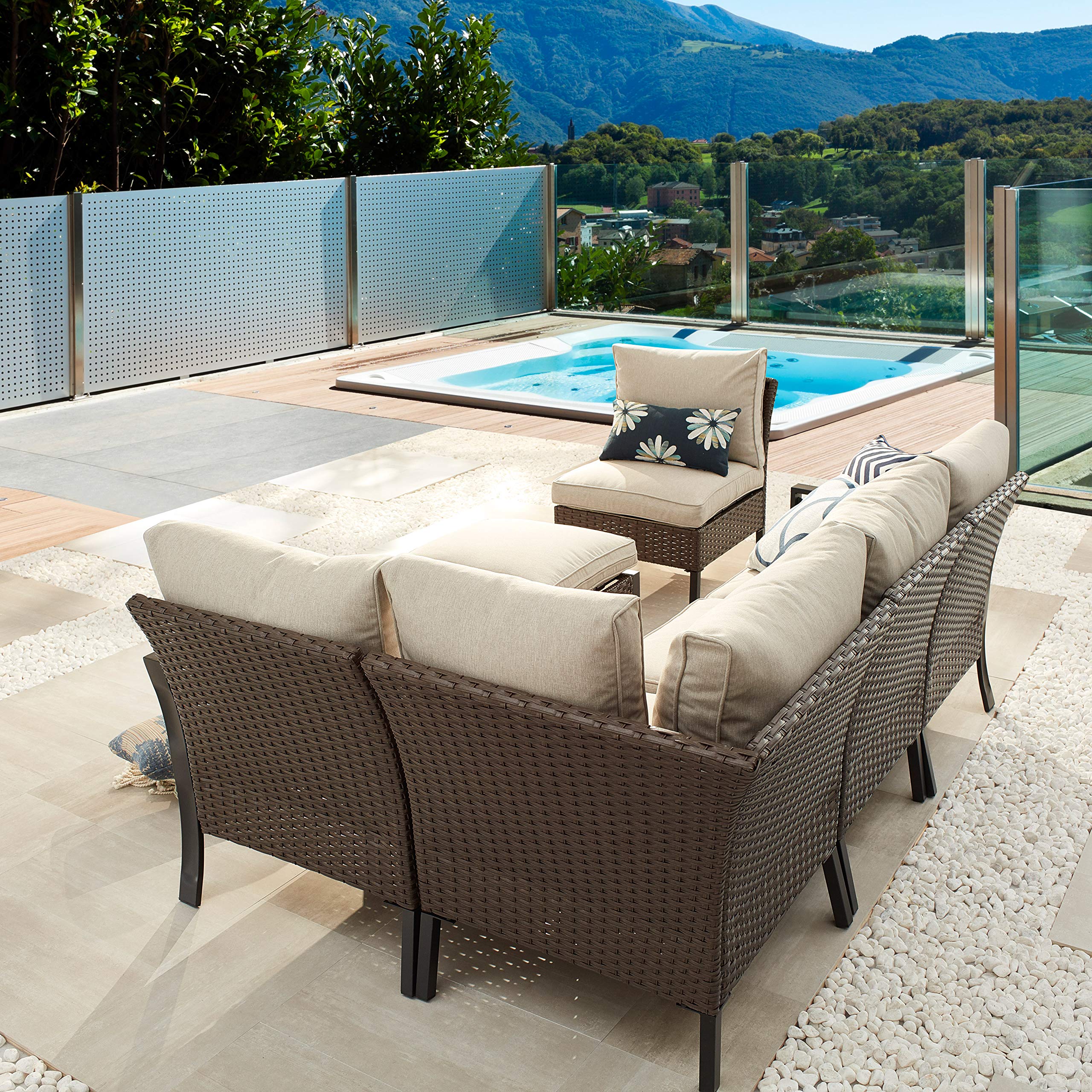 Outdoor Wicker Patio Dining Set - 5-Piece Armless Sectional Sofa with Ottoman, Rattan Furniture for Poolside, Garden, Deck, Balcony & Beach (Brown) | Perfect for Entertaining, Lounging & Relaxing Outdoors