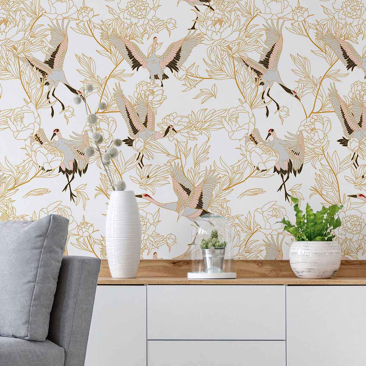 Beige Bird Peel and Stick Removable Wallpaper 5446 - Self-Adhesive Floral Wall Decal for Bedroom, Nursery & Home Decor - Easy to Install & Remove