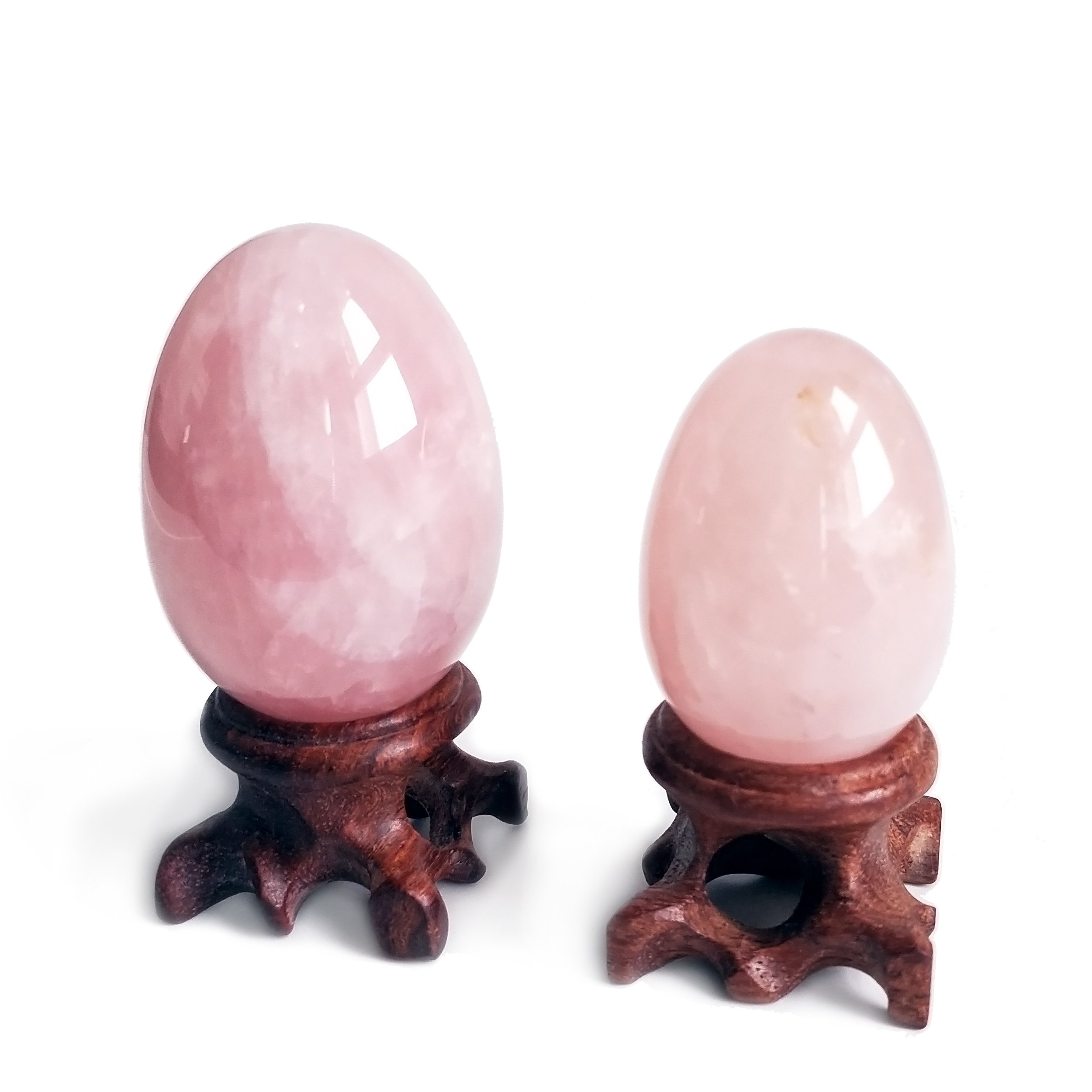 Polar Jade Set of 2 Rose Quartz Gemstone Egg Spheres with Wooden Stand - Natural Healing Stones for Meditation, Chakra Balancing, Stress Relief & Home Decor (L & M Sizes) - Perfect for Yoga Studios, Spiritual Gifts & Feng Shui Decorations