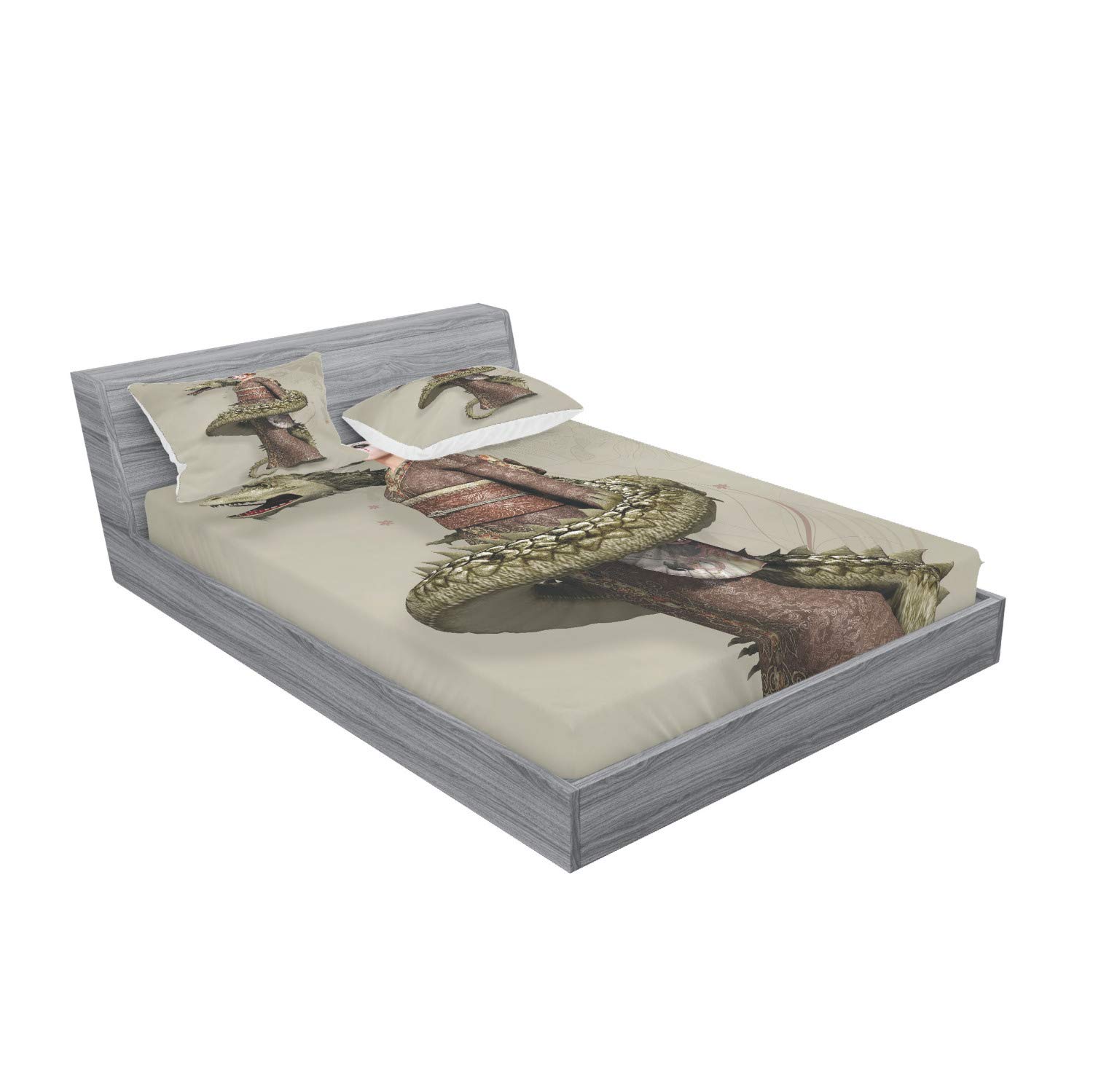Ambesonne 3-Piece Fantasy Bedding Set - Western Geisha with Dragon Print Fitted Sheet & Pillow Sham, Full Size Olive Green Eggshell for Anime & Gothic Home Decor | Perfect for Themed Bedrooms, Cosplay Events & Unique Gift Ideas