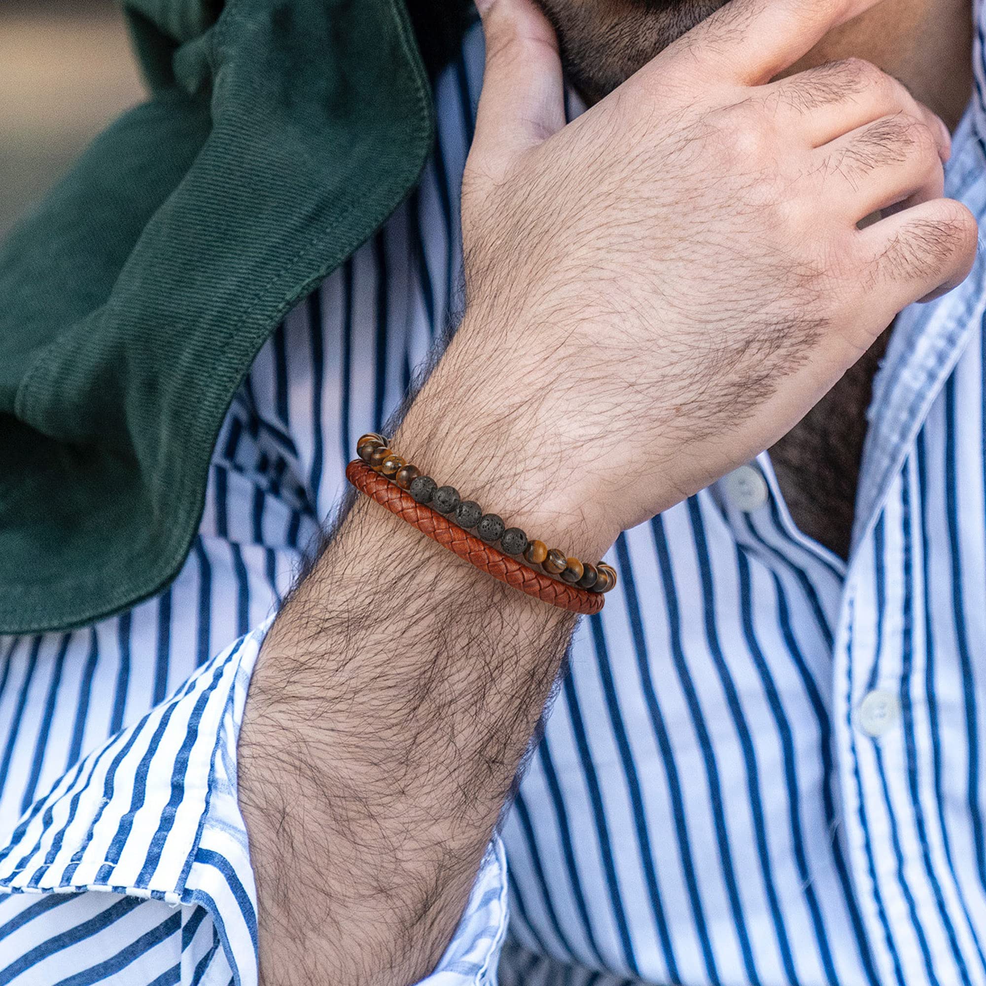 Men's Tiger Eye Beaded Bracelet with Brown Leather - Matte Agate Beads for Stylish Wrist Accessories | Perfect Birthday, Christmas Gift for Him | Office Wear, Casual Outfits & Special Occasions