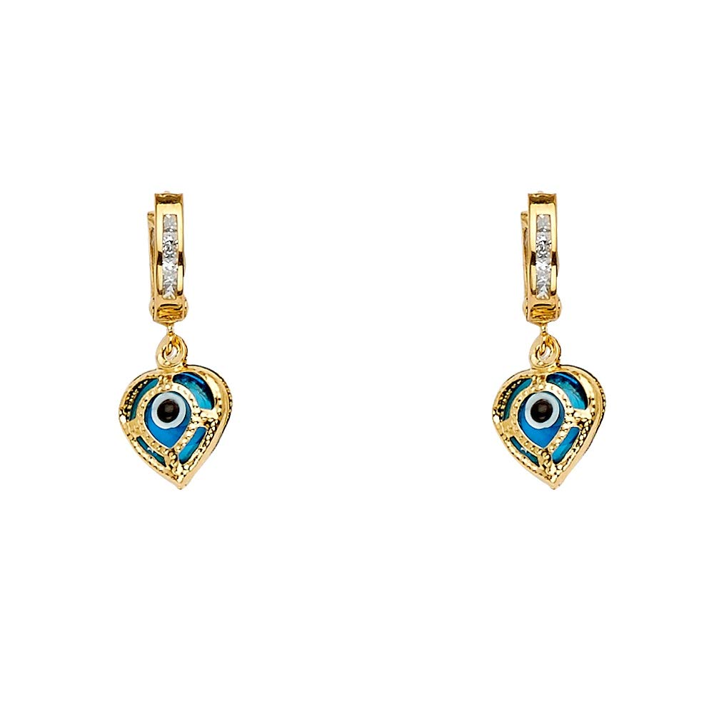 14K Yellow Gold Evil Eye Dangle Hugging Earrings - 9x22mm Hypoallergenic Jewelry for Women | Protection Charm Gift for Birthday, Anniversary & Everyday Wear