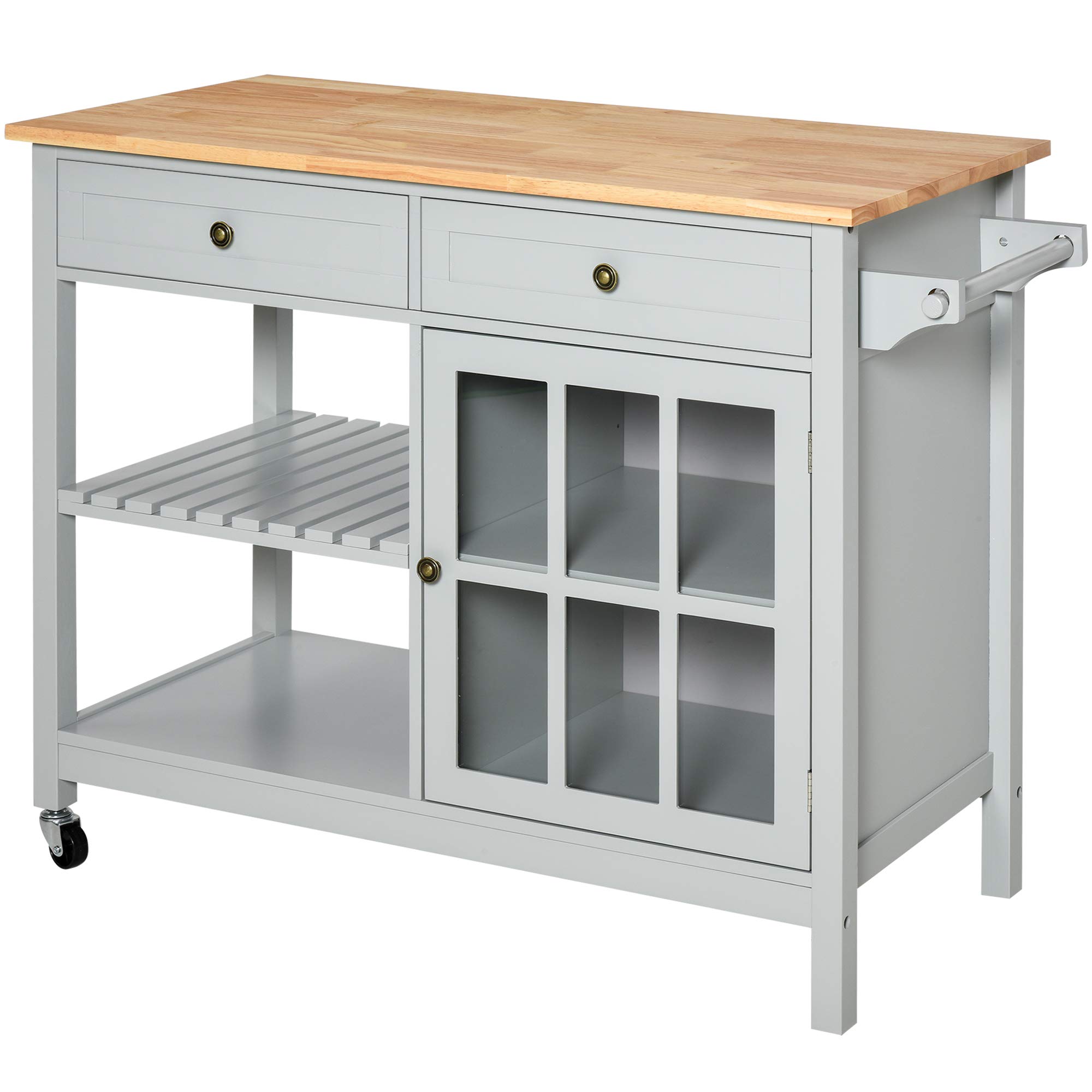 HOMCOM Rolling Kitchen Island with Storage - Solid Wood Top, Glass Door Cabinet, Adjustable Shelf & 2 Drawers - Mobile Kitchen Cart with Towel Rack for Dining Room & Small Spaces - Perfect for Meal Prep, Extra Counter Space & Organized Storage (Gray)