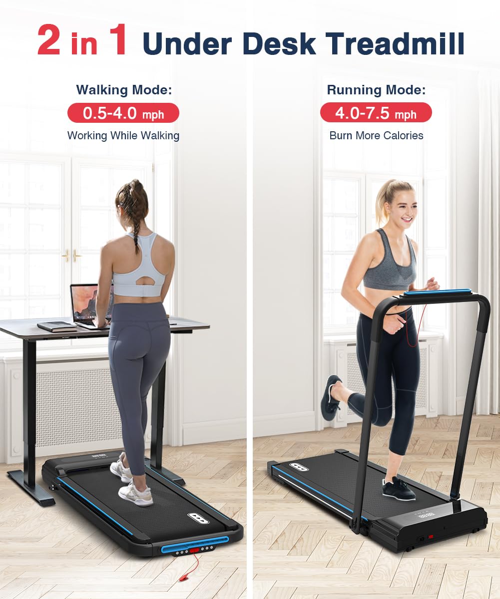 REDLIRO 2-in-1 Under Desk Electric Treadmill - Portable Folding Walking Pad with Remote Control for Home & Office - Compact Motorized Jogging Machine for Workouts While Working or Watching TV