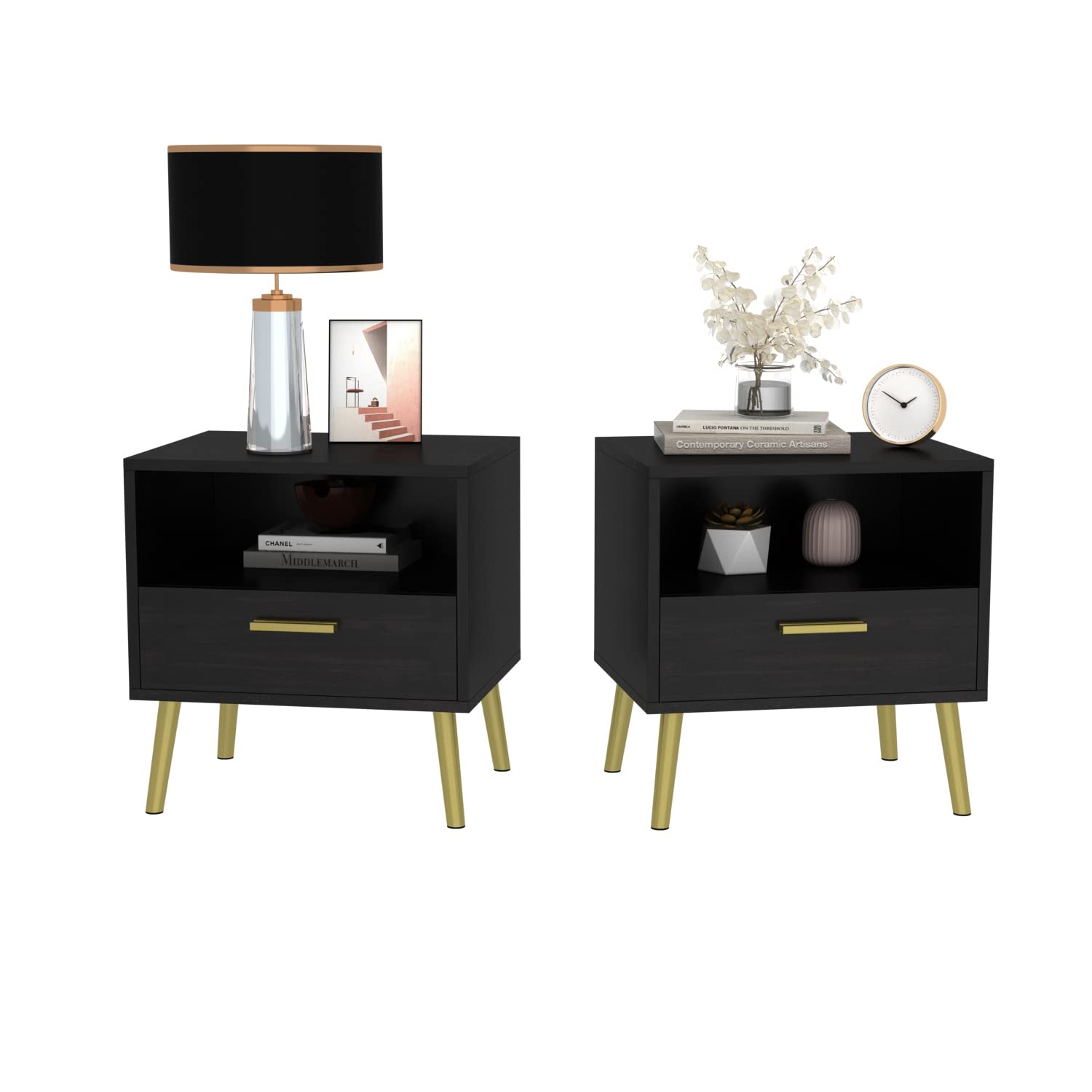 2-Piece Black Nightstand Set with Drawer & Open Shelf Storage - Modern Bedside Table for Bedroom, Living Room - Perfect for Small Spaces & Apartment Living