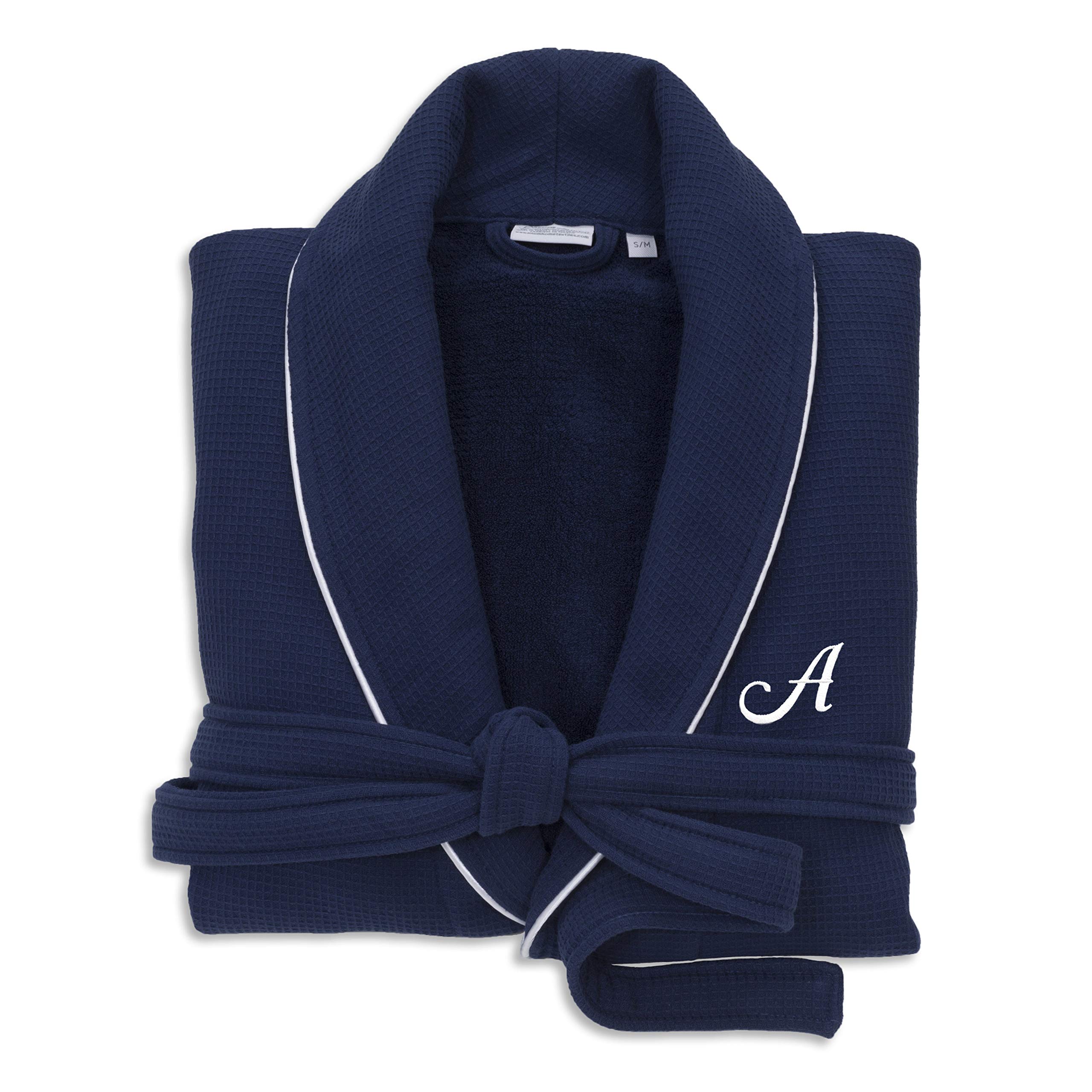 Premium Navy Blue Unisex Turkish Cotton Waffle Weave Bathrobe - Soft Terry Cloth Robe with White Monogram (Size Q S/M) - Perfect for Spa, Hotel Luxury & Cozy Home Relaxation