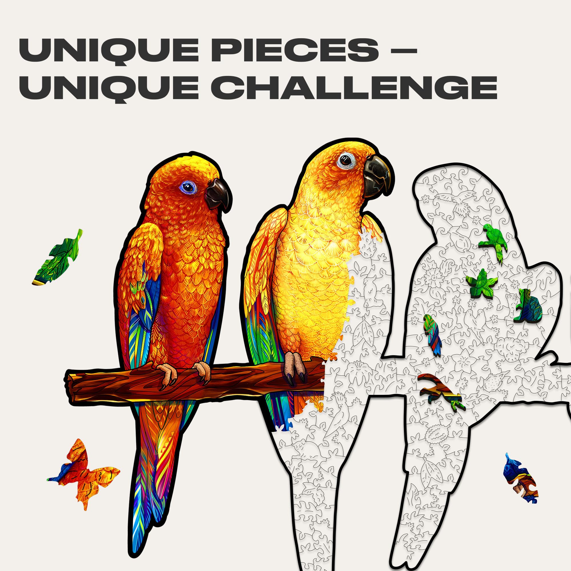 UNIDRAGON Original Wooden Jigsaw Puzzle - Playful Parrots 620 Pieces, Large 28.4