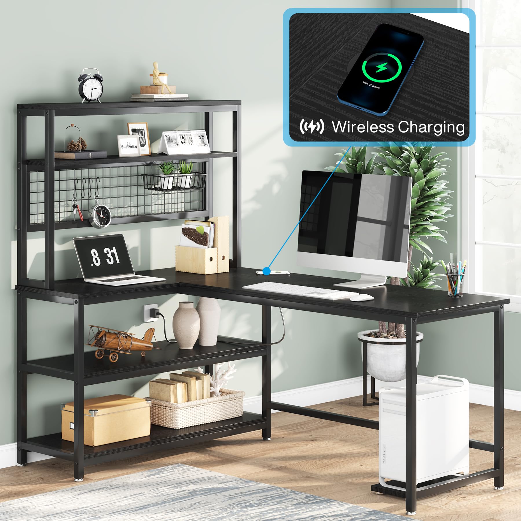 Tribesigns 55 Inch Large Computer Desk with Wireless Charging & 5 Storage Shelves - Home Office Desk, Study Table, Writing Desk Workstation with Hutch Bookshelf (All Black) - Perfect for Remote Work, Gaming & Small Space Home Offices