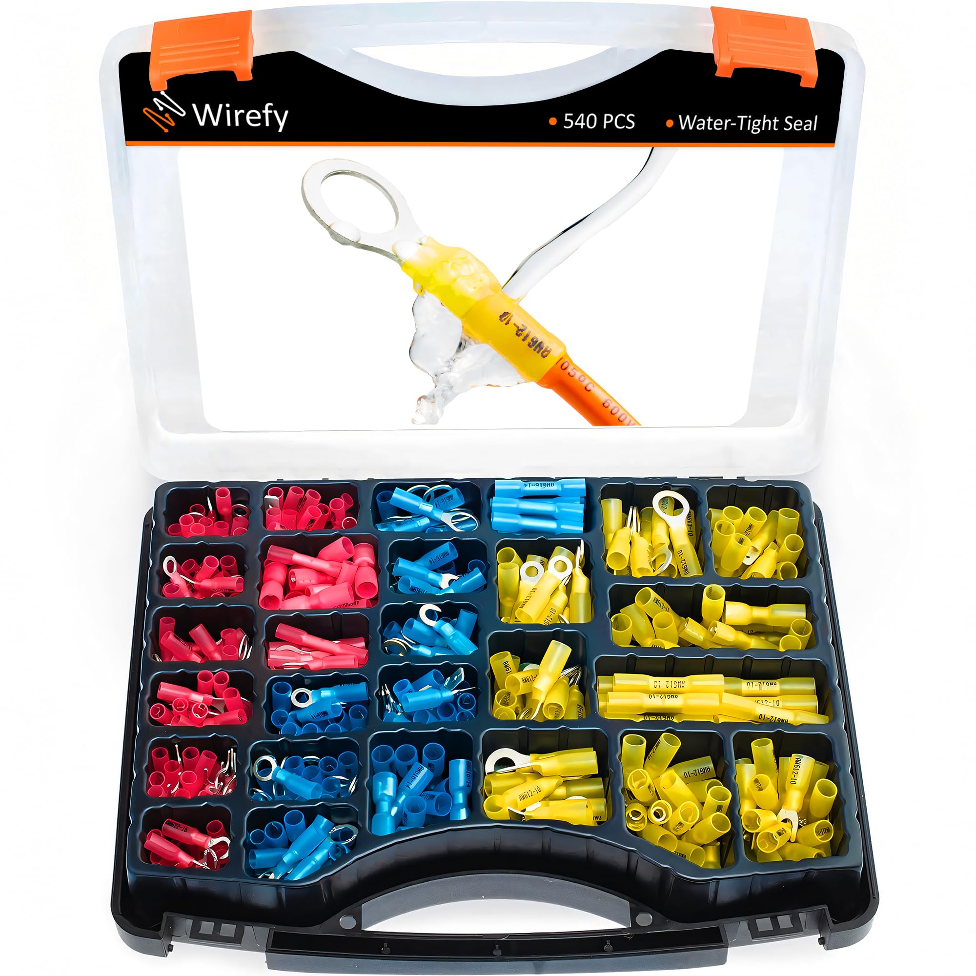 Wirefy Heat Shrink Crimp Connectors Kit - 540 PCS Waterproof Electrical Connectors for Automotive, Marine & Home Wiring - Insulated Ring, Spade, Fork, Hook & Butt Terminals (22-10 AWG) - Perfect for Car Audio, Boat Electronics & DIY Electrical Projects