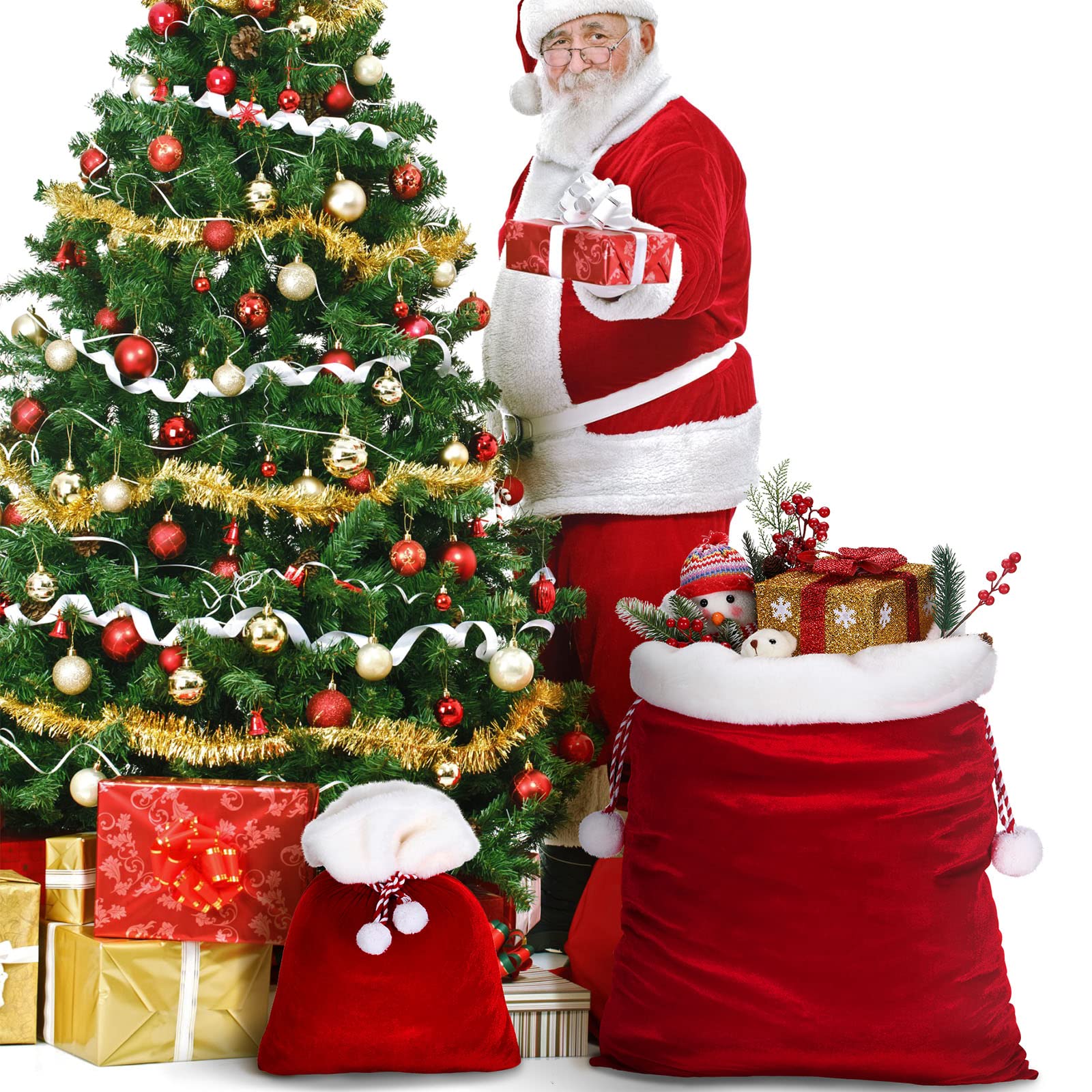 Shappy 2-Piece Christmas Velvet Santa Gift Bags with Drawstring - Large & Small Size Holiday Present Sacks for Xmas Toys, Decorations & Party Favors (Red)