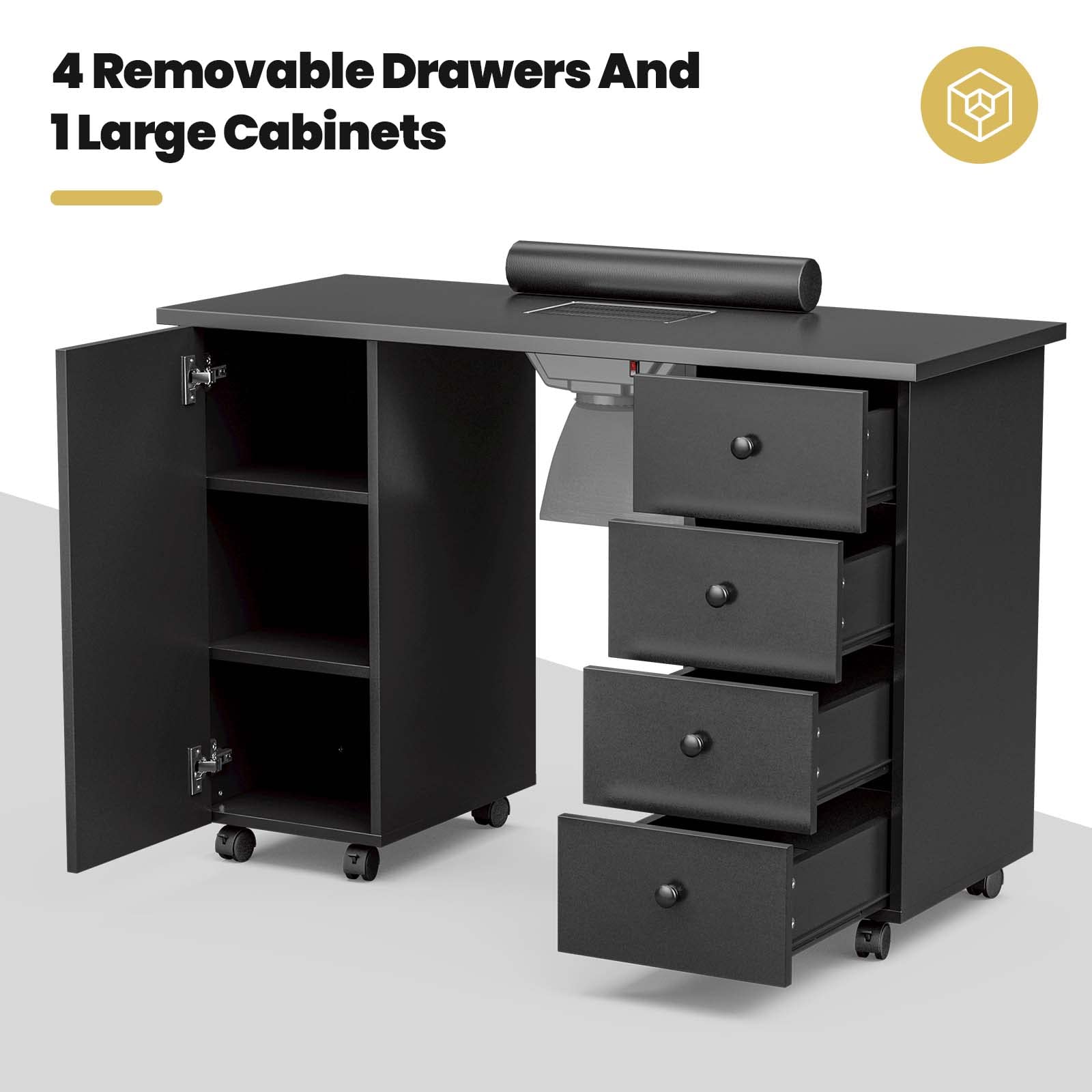 Professional Paddie Manicure Table Nail Station with Dust Collector - Portable Nail Art Desk Workstation with Lockable Wheels, Wrist Cushion & Storage Cabinet (Black) | Perfect for Salon, Spa & Home Nail Care Business