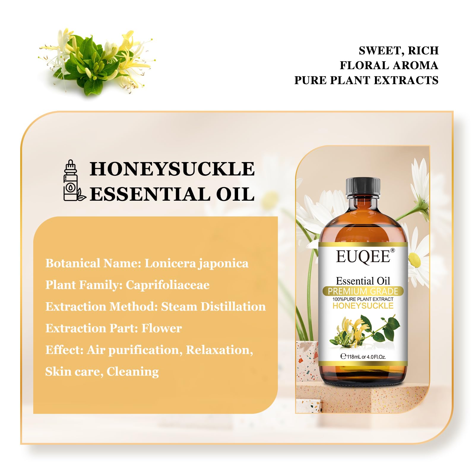 Pure Honeysuckle Essential Oil 4oz (118ml) - Premium Grade with Glass Dropper for Aromatherapy, Diffusers, DIY Soap & Candle Making - Relaxing & Uplifting Scent for Home Spa & Wellness