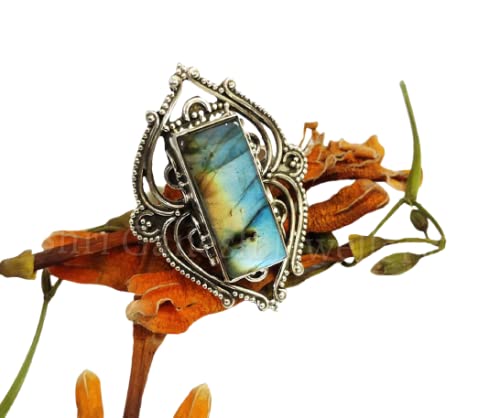 Labradorite Sterling Silver Ring - Rectangle Gemstone Bohemian Jewelry for Women | Healing Crystal Statement Cocktail Ring | Handmade Dainty Gift for Wedding, Birthday & Special Occasions | Perfect for Boho Fashion, Evening Parties & Spiritual Healing