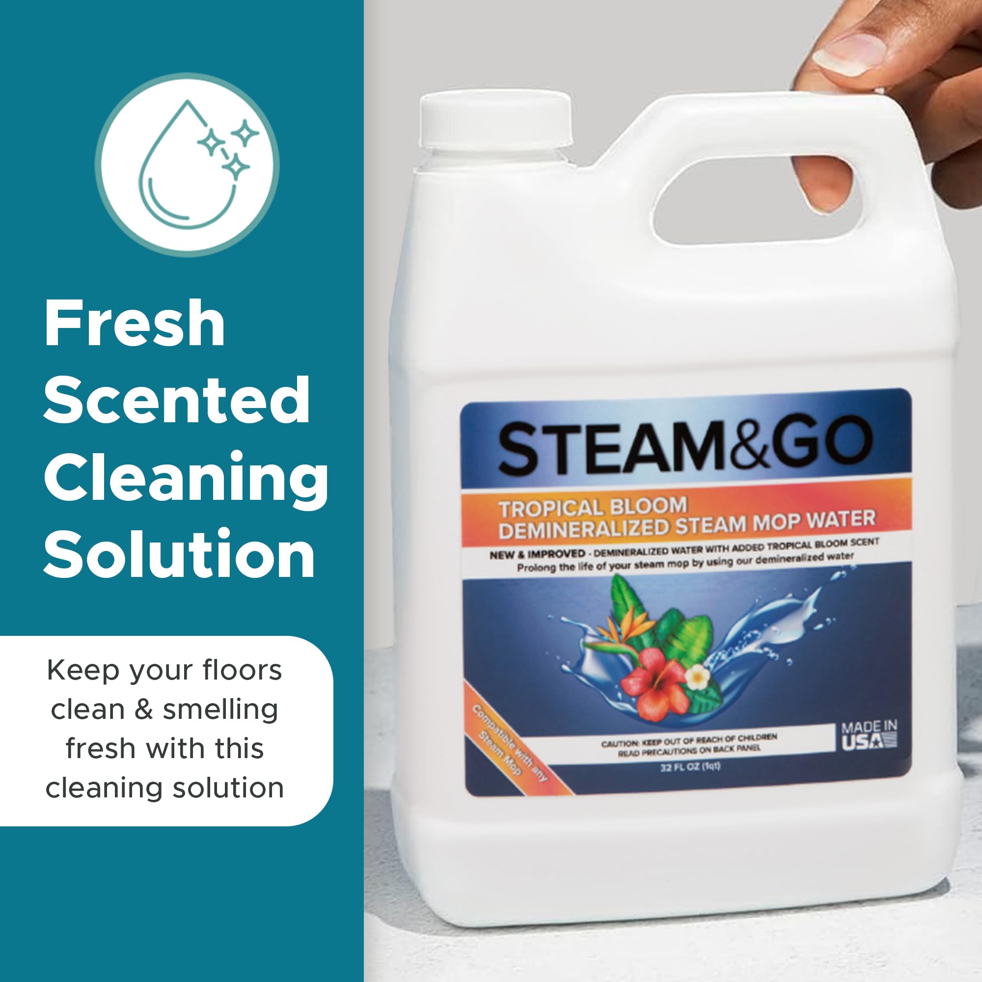 Steam & Go Demineralized Water for Steam Mops - PVC-Free Floor Cleaner Solution (32 oz, Tropical Bloom Scent) | Ready-to-Use Multi-Surface Cleaner for Hardwood, Tile & Laminate | Compatible with All Steam Mop Brands | Perfect for Daily Floor Cleaning & Sanitizing