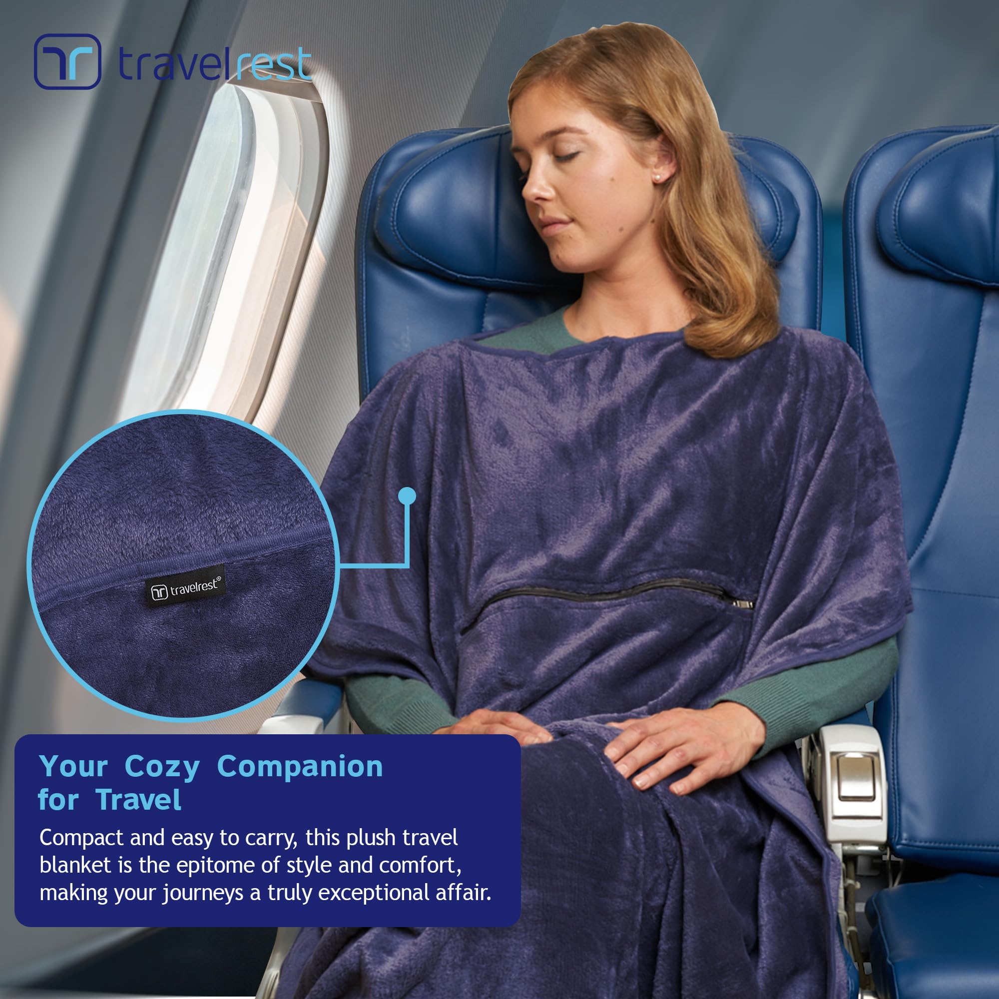TRAVELREST 4-in-1 Travel Blanket & Pillow for Airplanes - Lightweight, Warm & Ultra Plush Wearable Blanket with Carry Case | Perfect for Long Flights, Road Trips & Camping | Soft, Cozy & Compact (Blue)